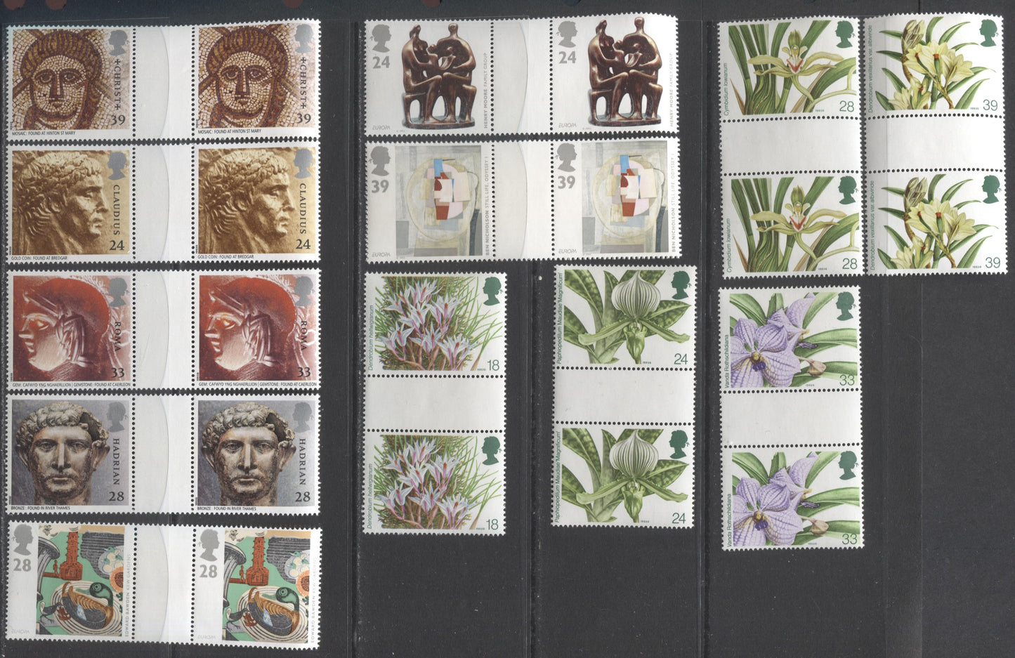 Lot 12 Great Britain SG#1659-1774 1993 Orchids, Europa & Roman Britain, 13 VFNH Gutter Pairs, Click on Listing to See ALL Pictures, Estimated Value $19.5 CDN