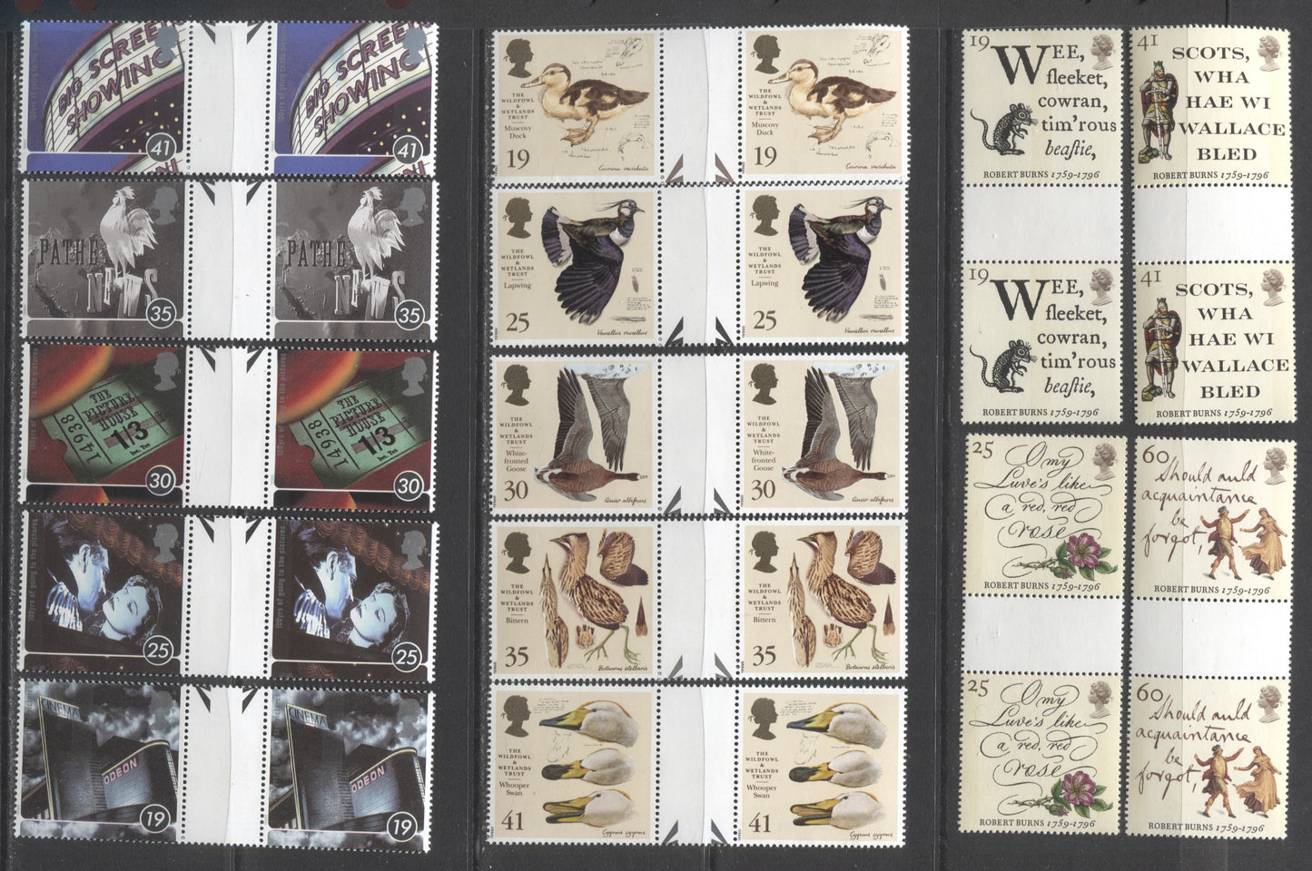 Lot 32 Great Britain SG#1901/1924 1996 Robert Burns, Wildfowl & Wetlands Trust & Centenary Of Cinema Issues, 13 VFNH Gutter Pairs, Click on Listing to See ALL Pictures, Estimated Value $20.85 CDN