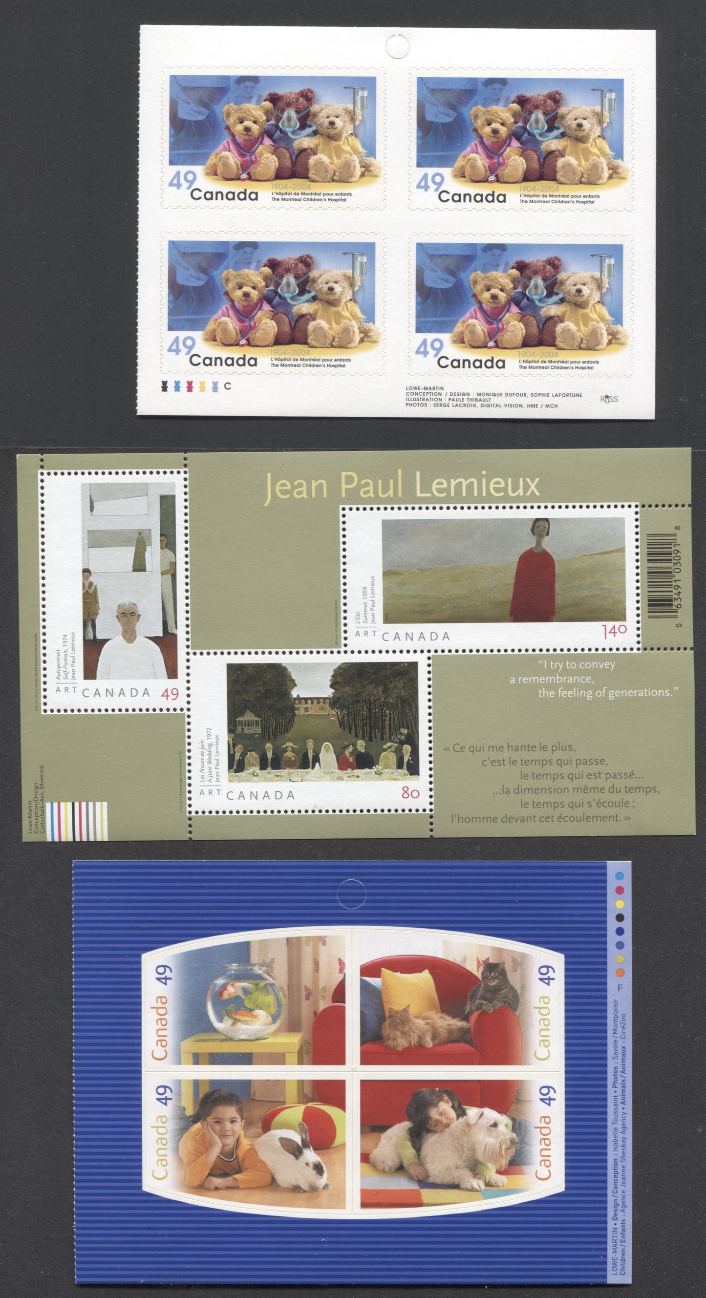 Lot 20 Canada #2035, 2060a, 2068 49c-$1.40 Multicolored Teddy Bears - Summer, 2004 Pets & Art Canada, Booklet Pane & Souvenir Sheet , NF/NF & NF/HF Papers, Lowe-Martin Printing, Unitrade Cat. $16