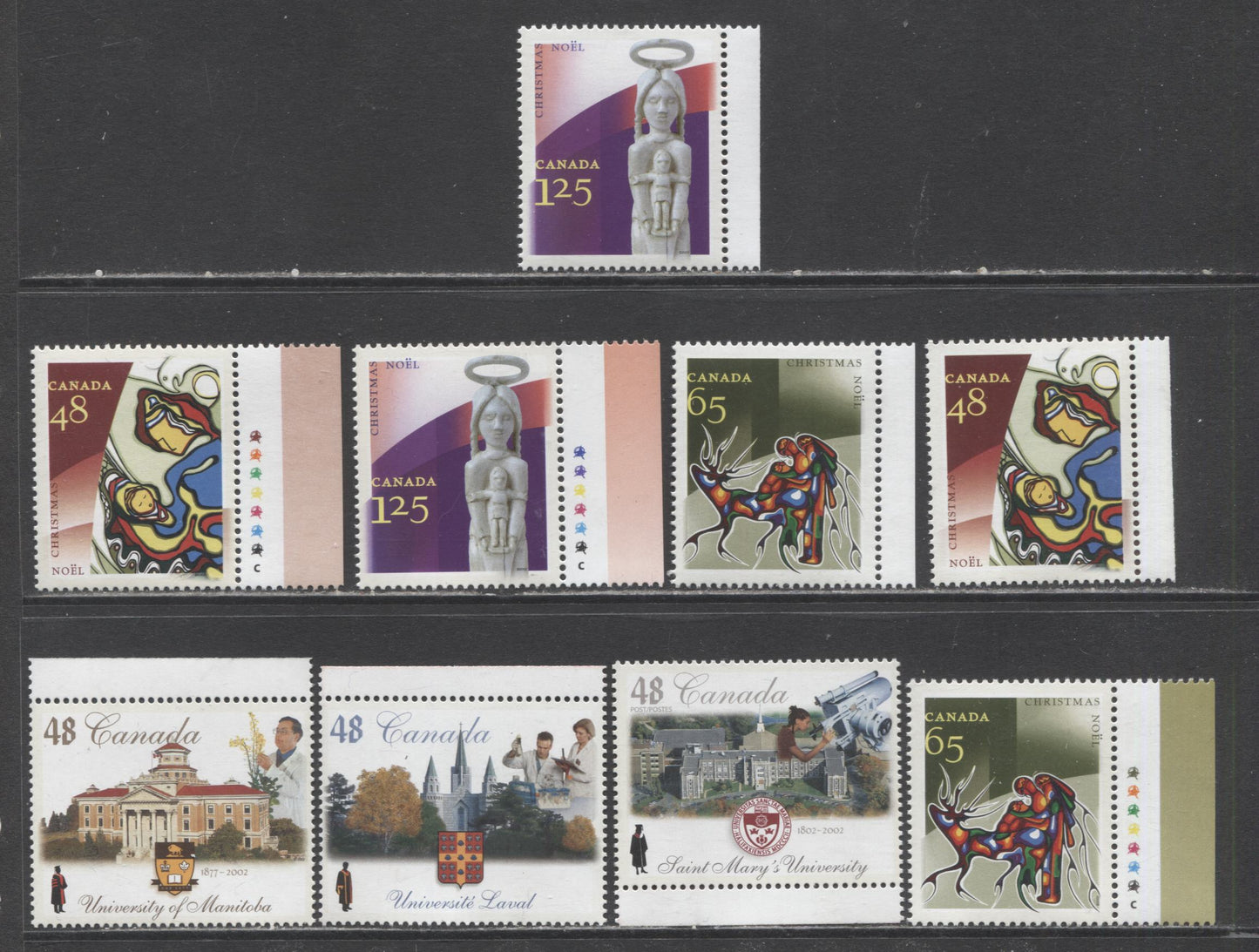 Canada #1941-1942, 1944, 1965-1967 48c-$1.25 Multicolored University Of Manitoba - Mary & Child, 2002 Universities - Christmas, 9 VFNH Singles
