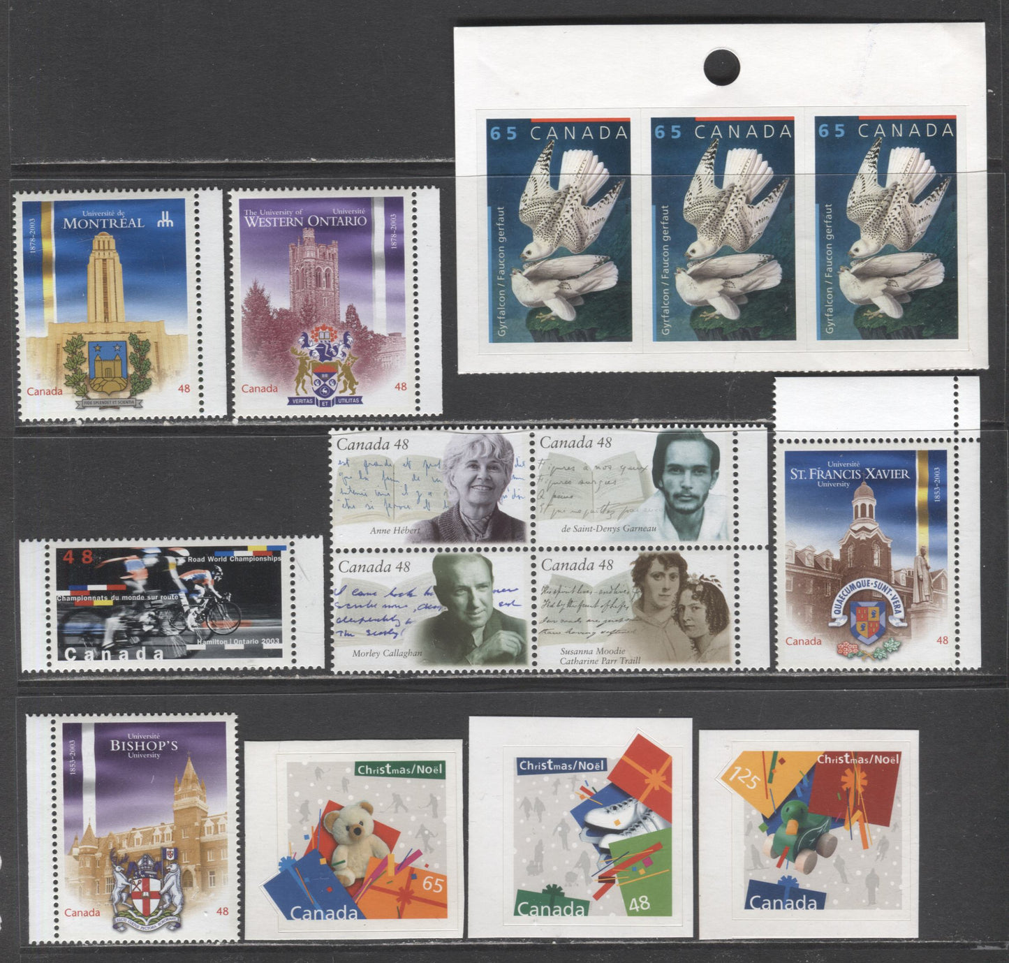 Canada #1973-1975, 1977, 1983, 1997a, 1998, 2004-2006 48c-$1.25 Multicolored Bishop's University - Wood Duck, 2003 Universities - Christmas, 10 VFNH Singles & Block