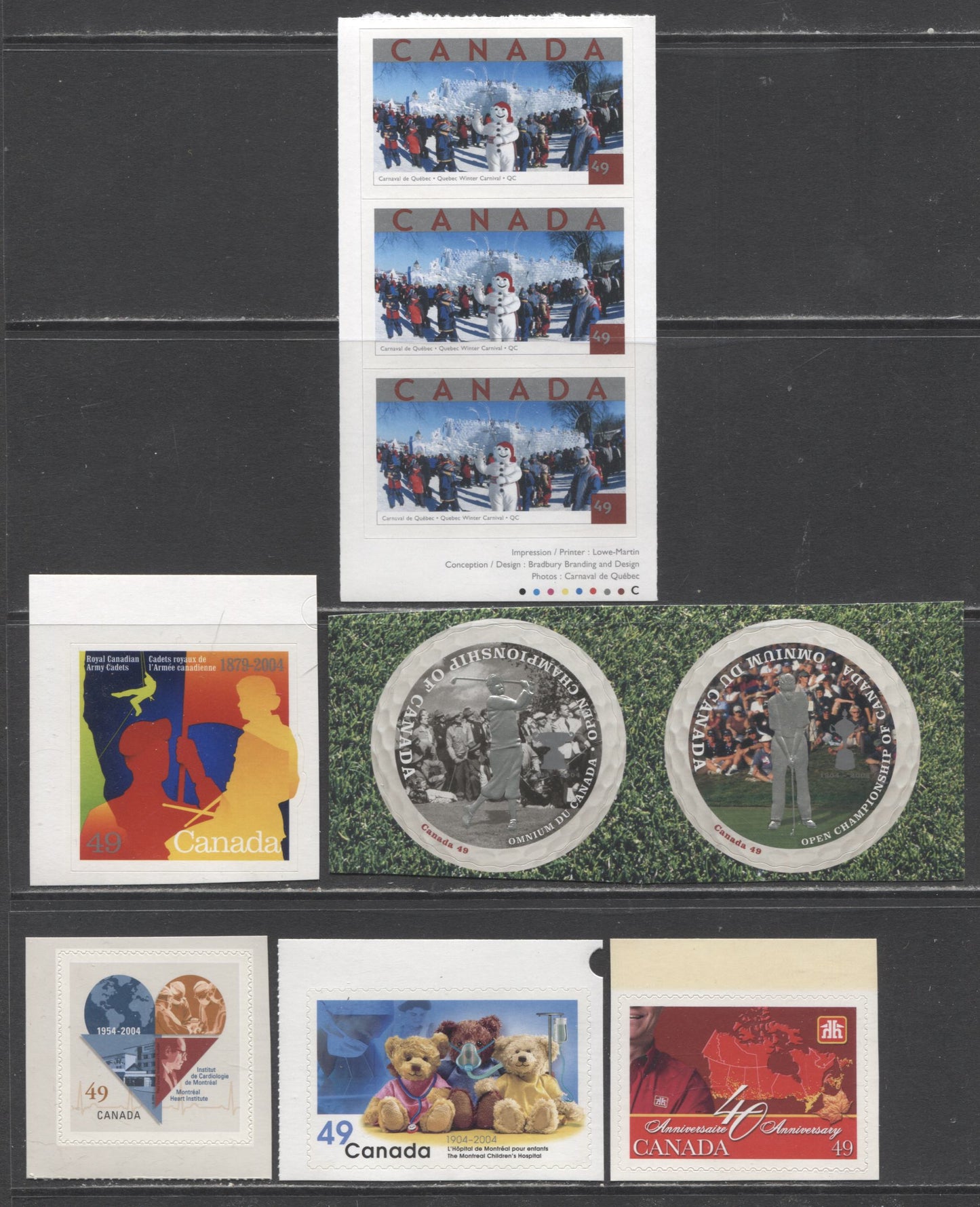 Canada #2019, 2025, 2032, 2035, 2051-2052, 2056 49c Multicolored Montreal Jazz Festival - Montreal Heart Institute, 2004 Quebec Carnival - Heart Institute, 6 VFNH Singles, Pairs & Pane Of 3, All Self-Adhesive