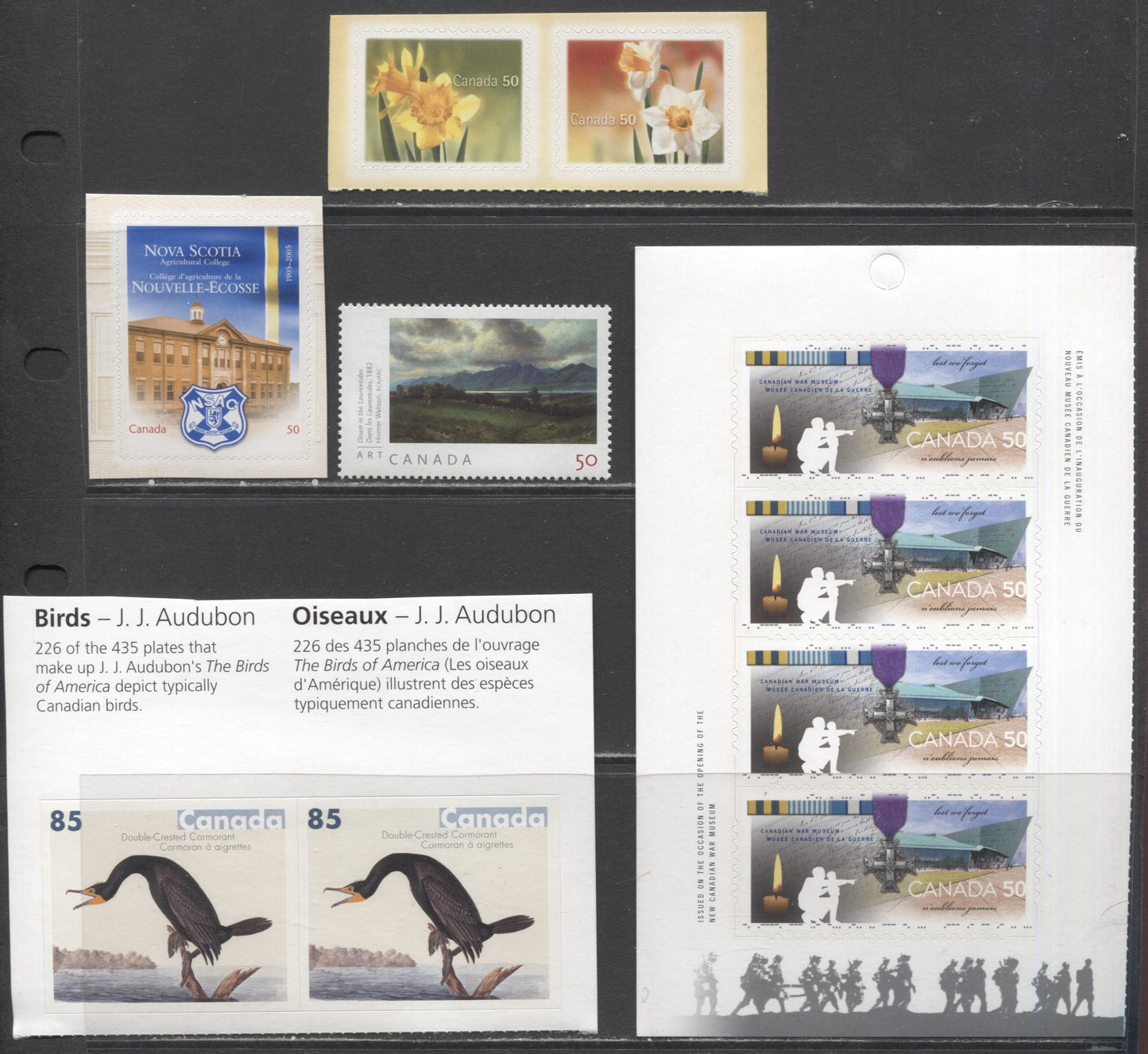 Lot 110 Canada #2089, 2092-2093, 2099, 2108-2109 50c-85c Multicolored Agricultural College - Down In The Laurentides, 2005 Agricultural College - Homer Watson, 5 VFNH Singles, Pairs & Booklet Pane