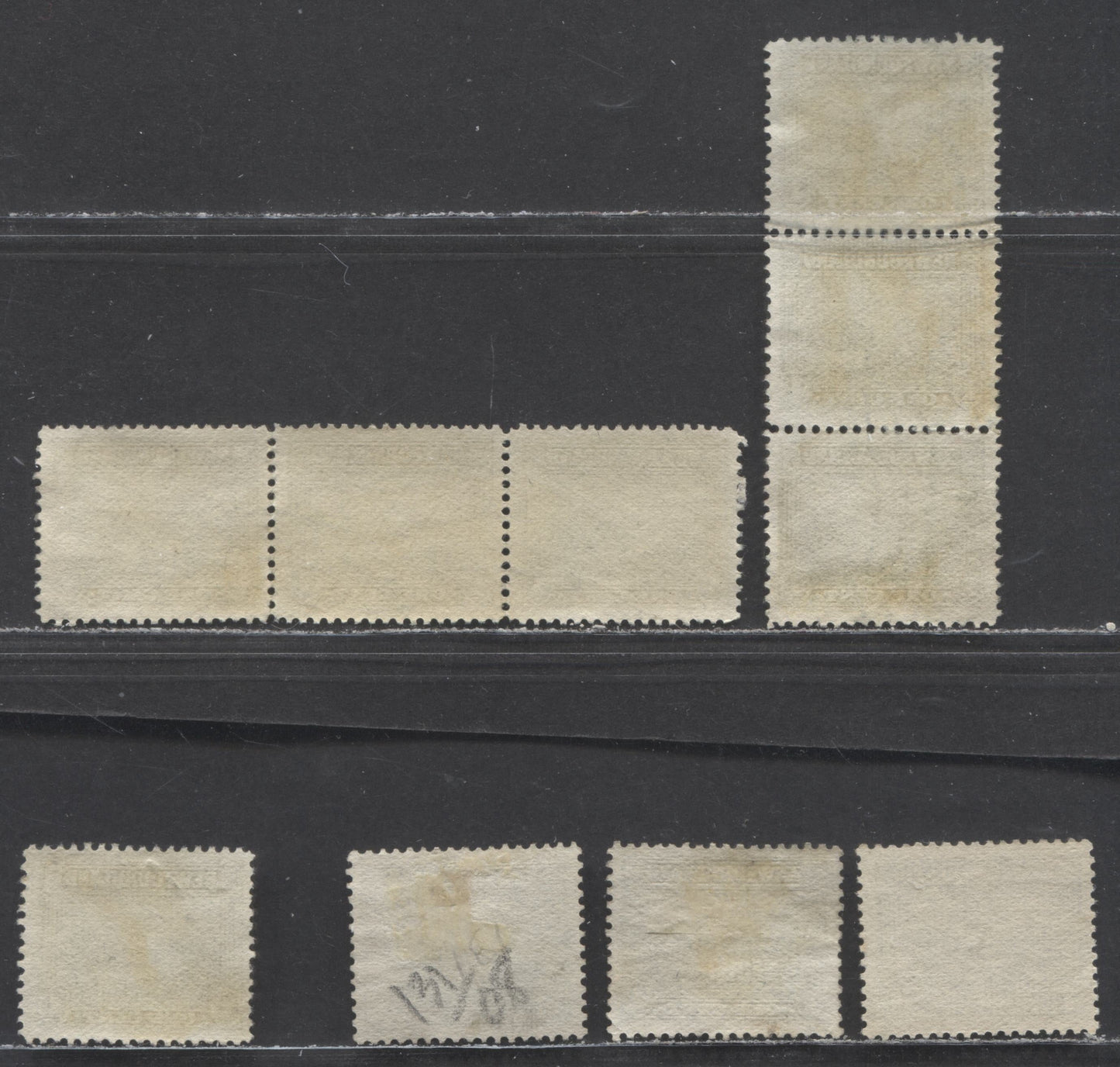 Newfoundland #131 1c Deep Bluish Green Twin Hills, 1923-1924 Pictoral Issue, 4 Very Fine Used Singles And 2 Strips Of 3 All With Unlisted Re-Entries, Mostly Occuring Near Or Above Upper Frameline. Also Includes Misplaced Entry