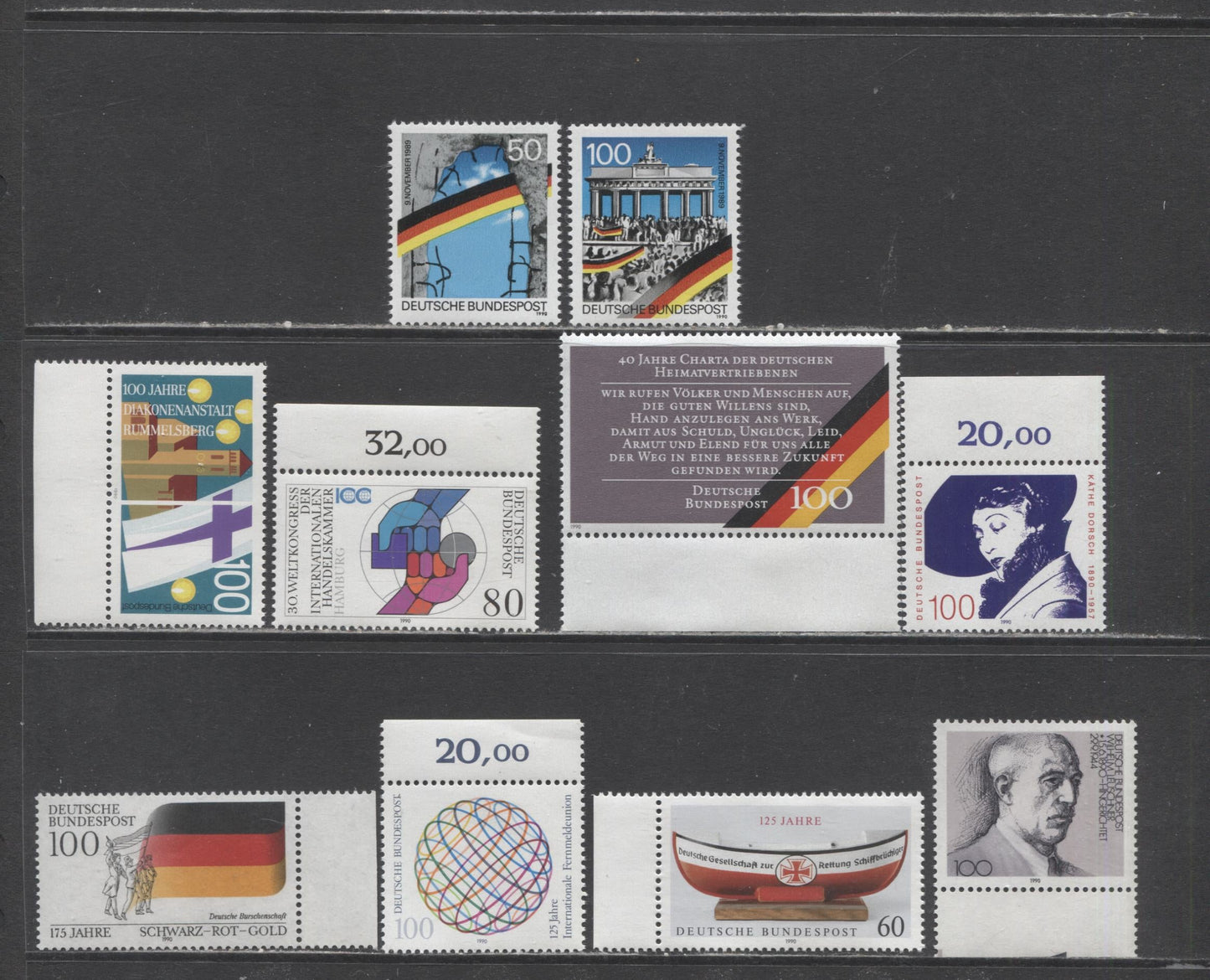 Lot 32 Germany SC#1603/1618 1990 German Students Fraternity - 1st Anniversary Of Fall Of Berlin Wall, 10 VFNH Singles, Click on Listing to See ALL Pictures, 2022 Scott Classic Cat. $13.9 USD