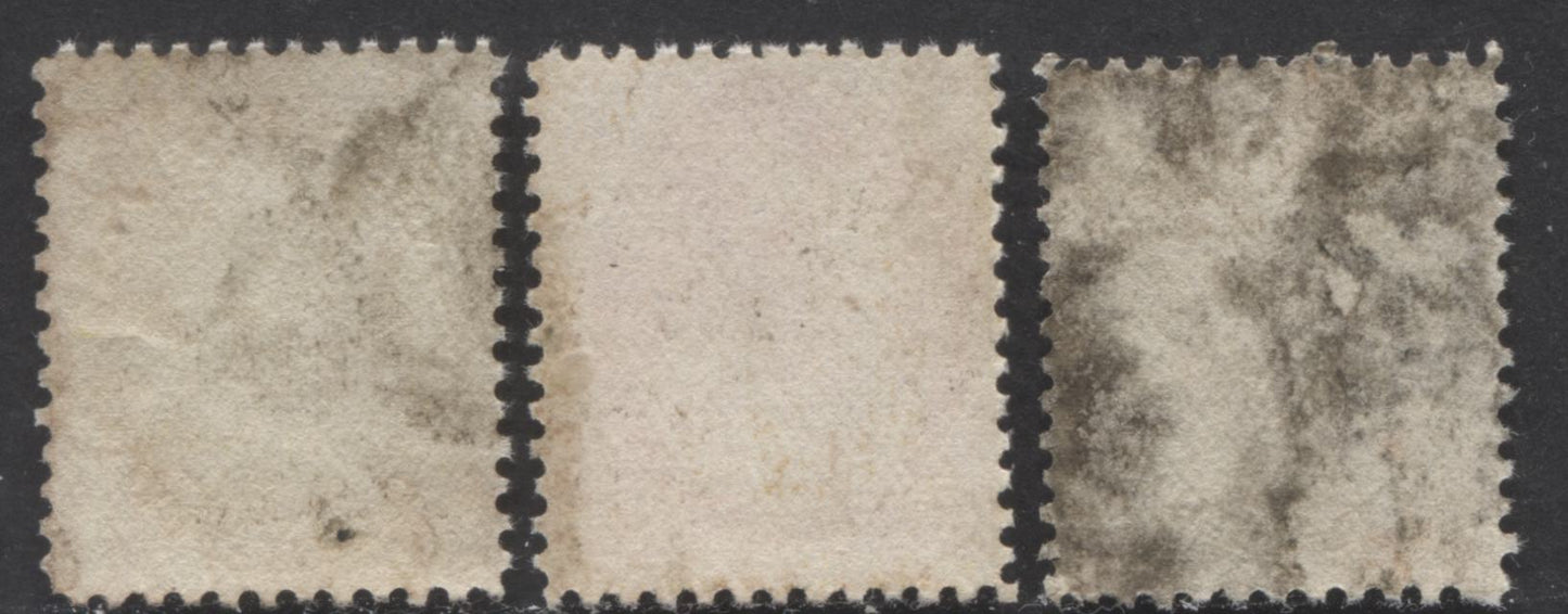 Lot 114 Canada #74, 77, 81 1/2c, 2c, 7c Grey Green, Carmine, Olive Yellow, 1898 - 1902 Queen Victoria "Numeral" Issue, 3 Fine Unused Singles Unused, Some Mildew Discoloration, Should Come Out With a Good Soak