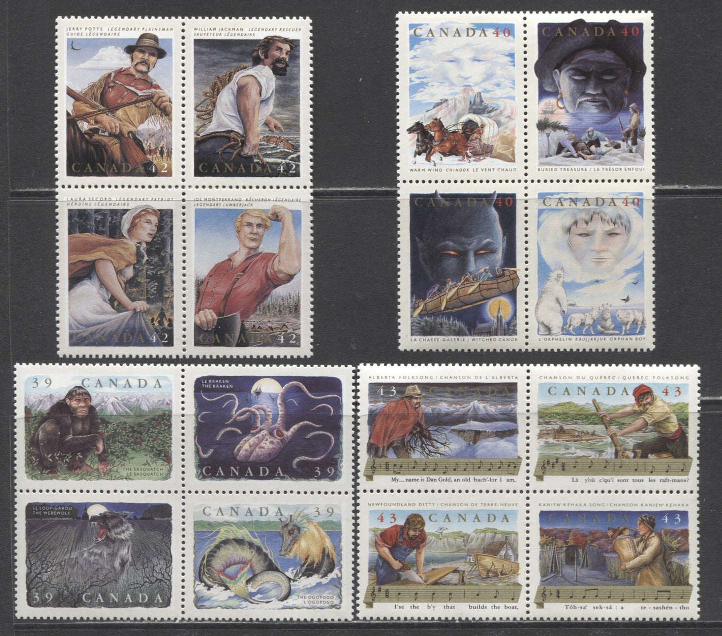 Canada #1292a/1494a 39c-43c Multicolored Sasquatch-Kanien' Kehaka Song, 1990-1993 Canadian Folklore Issues, 4 VFNH Blocks Of 4