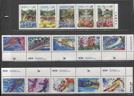 Canada #1315a, 1403a, 1418a 40c-42c Multicolored The Butchart Gardens - Swimming, 1991-1992 Gardens - Summer Olympics Issues, 3 VFNH Se-tenant Strips Of 5