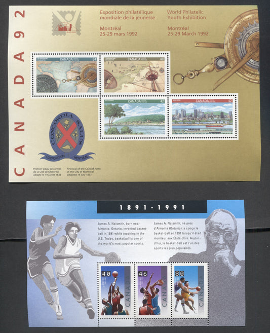 Canada #1344a, 1407a 40c-84c Multicolored Basketball-Encounter(Columbus), 1991-1992 Basketball & Canada '92, 2 VFNH Souvenir Sheets