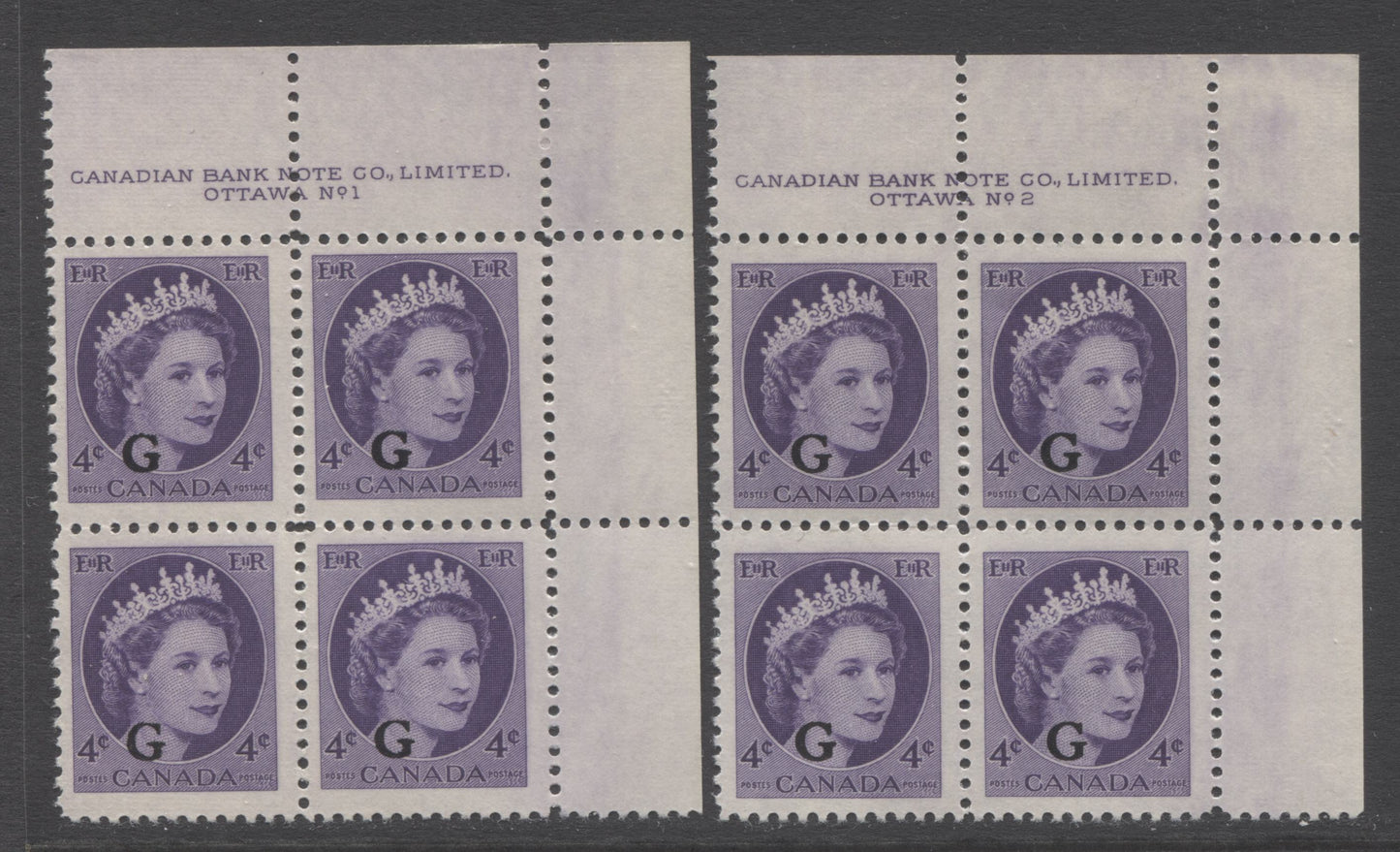 Lot 25 Canada #O43 4c Violet Queen Elizabeth II, 1954 Wilding G Overprinted Issue, 2 VFNH UR Plates 1-2 Blocks Of 4 With Plate 1 On Ribbed Paper & Plate 2 On Smooth Paper