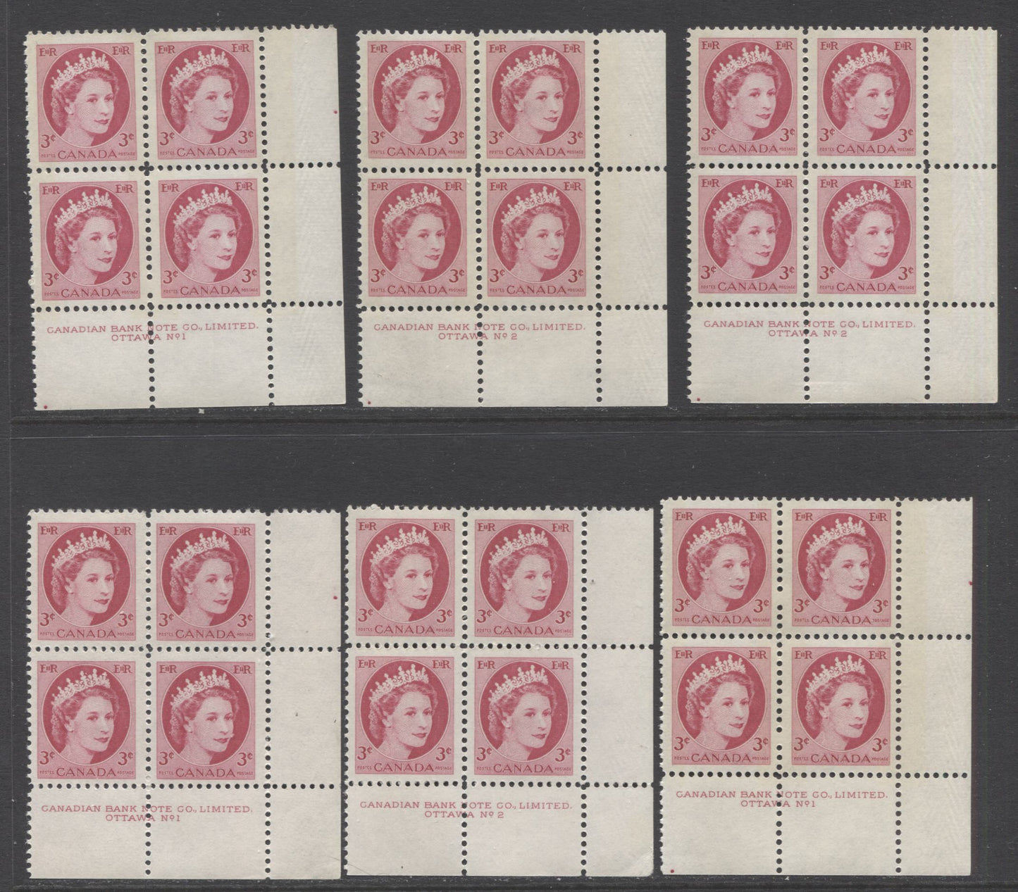 Lot 26 Canada #339, 339p 3c Carmine Rose Queen Elizabeth II, 1954 Wilding Definitives, 6 VFNH LR Plates 1-2 Tagged & Untagged Blocks Of 4 With Different Papers