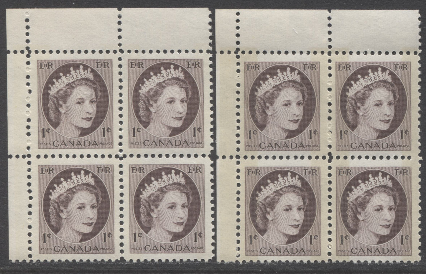 Lot 119 Canada #337p 1c Violet Brown Queen Elizabeth, 1954 Wilding Definitives, 2 VFNH UL Blank Blocks Of 4 On Smooth/Vertical Ribbed DF Papers, With W2B Dark & Light Tagging