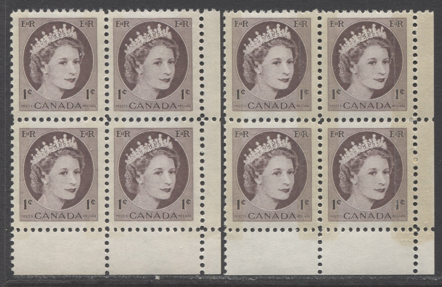 Lot 39 Canada #337p 1c Violet Brown Queen Elizabeth, 1954 Wilding Definitives, 2 VFNH LR Blank Blocks Of 4 On DF Smooth/Vertical Ribbed W2B Dark & Light Tagged Papers
