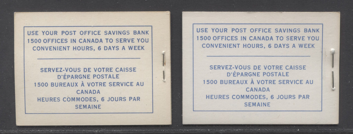 Lot 28 Canada #BK49c (McCann BK29i & BK49m) 5c Blue, 1954 - 1962 Wilding Issue, 2 VFNH Booklets With 1 Pane Of 5 + Label Type II Cover With Smooth DF Paper, 12mm & 16mm Staples