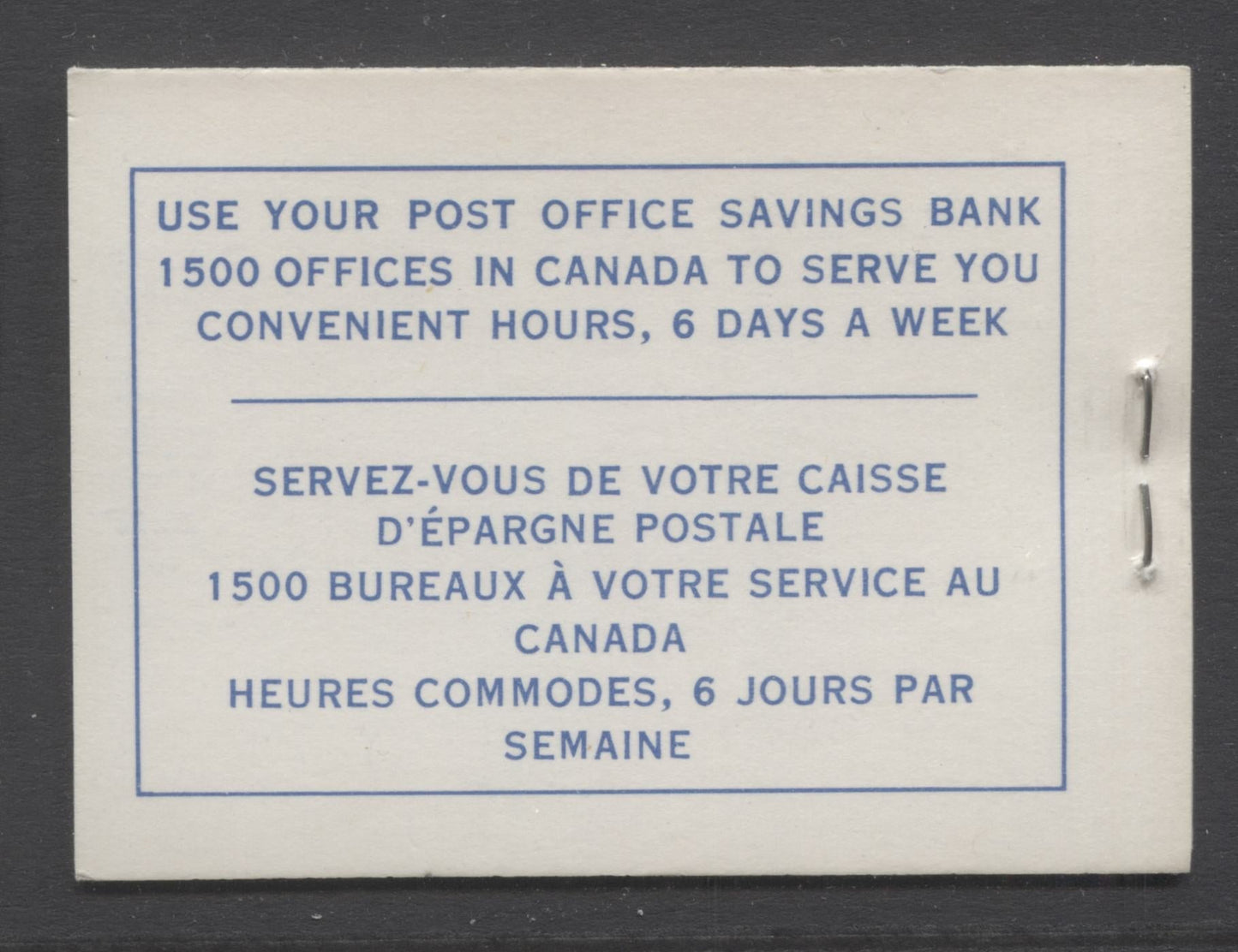 Lot 120 Canada #BK49c var 5c Blue, 1954 - 1962 Wilding Issue, A VFNH Booklet With 1 Pane Of 5 + Label Type II Cover, LF-fl Pane, Smooth Paper, 12mm Staples