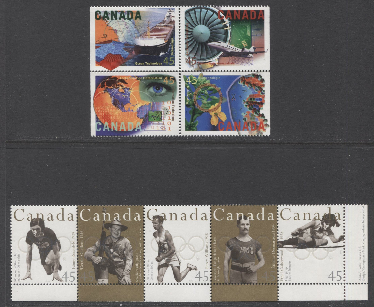 Canada #1598i, 1612a 45c Multicolored Ocean Technology - Percy Williams, 1996 High Tech Industries - Canadian Gold Medallists, 2 Se-tenant Block Of 4 & Strip Of 5 On Coated Paper, CBN & APC, VFNH 80, Unitrade Cat. As Singles $12.75,