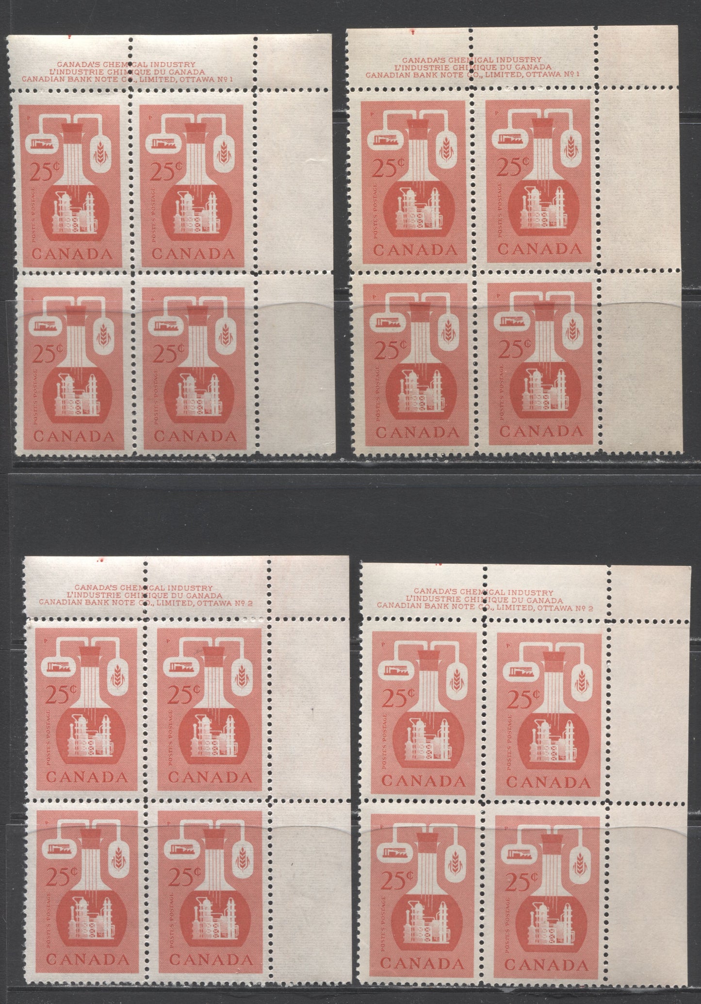 Lot 20 Canada #363 25c Red Chemical Industry, 1956 Industry Issue, 4 FNH UR Plates 1-2 Blocks Of 4 With Different DF Paper Varieties Than Lot #47