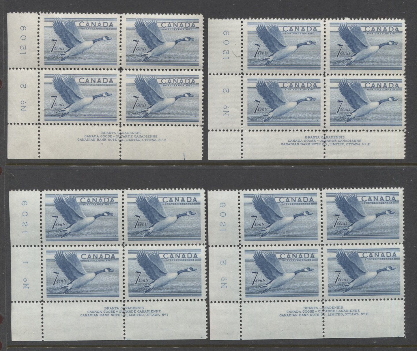 Lot 383 Canada #301, 316, 320 7c, 10c & 20c Blue, Black Brown & Gray Canada Goose, Drying Skins & Paper Mill, 1950-1952 Natural Resources & Wildlife Issue, 9 F/VFNH/LH LL Plates 1-2 Blocks Of 4 With Different Papers & Varieties