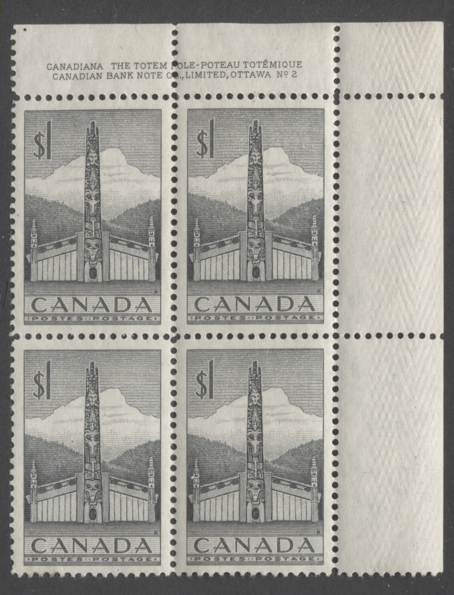 Lot 21 Canada #321 $1 Slate Pacific Coast Totem Pole, 1953 Totem Pole Issue, A VFLH UR Plate 2 Block Of 4 On Smooth Paper & Plate Dot In Selvedge At UL