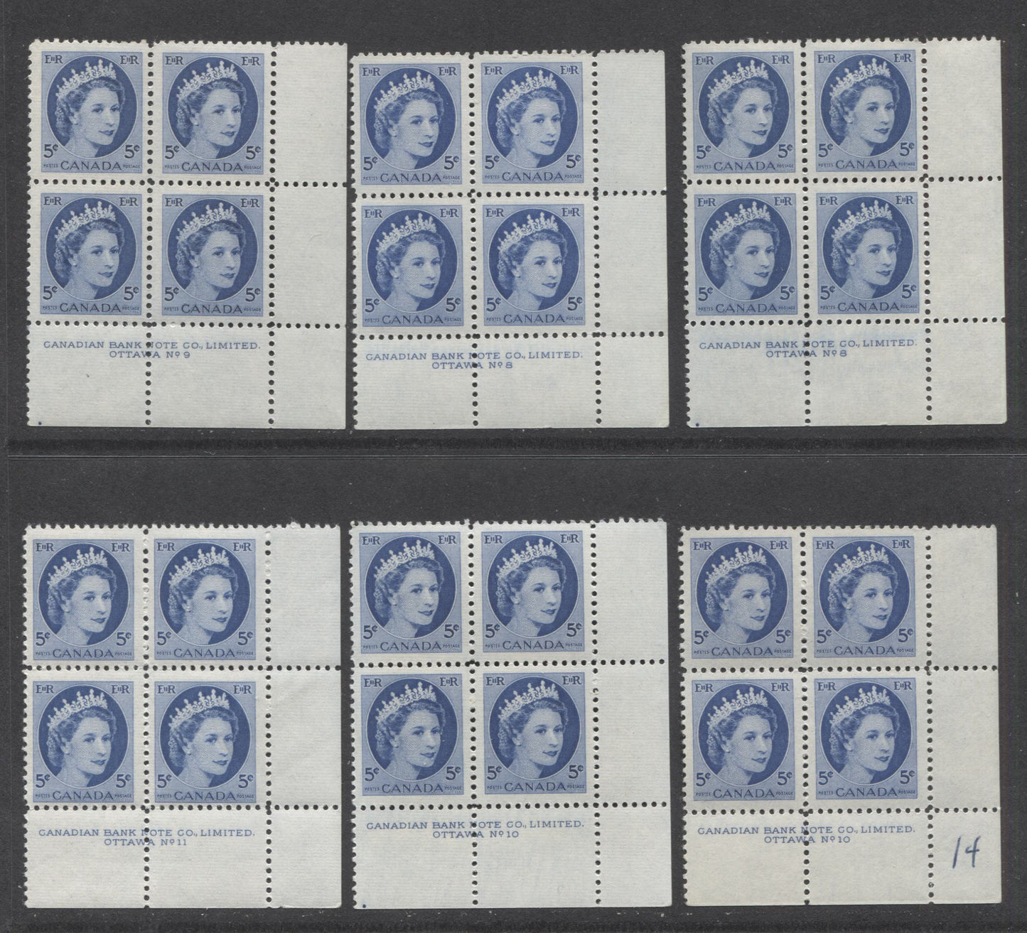 Lot 23 Canada #341 5c Bright Blue, 1954 Queen Elizabeth 2 - Wilding Portrait Issue, 15 F-VF NH LR Plates 8-13 Blocks Of 4 All DF Paper, With Various Ribbed & Smooth Papers And Shades