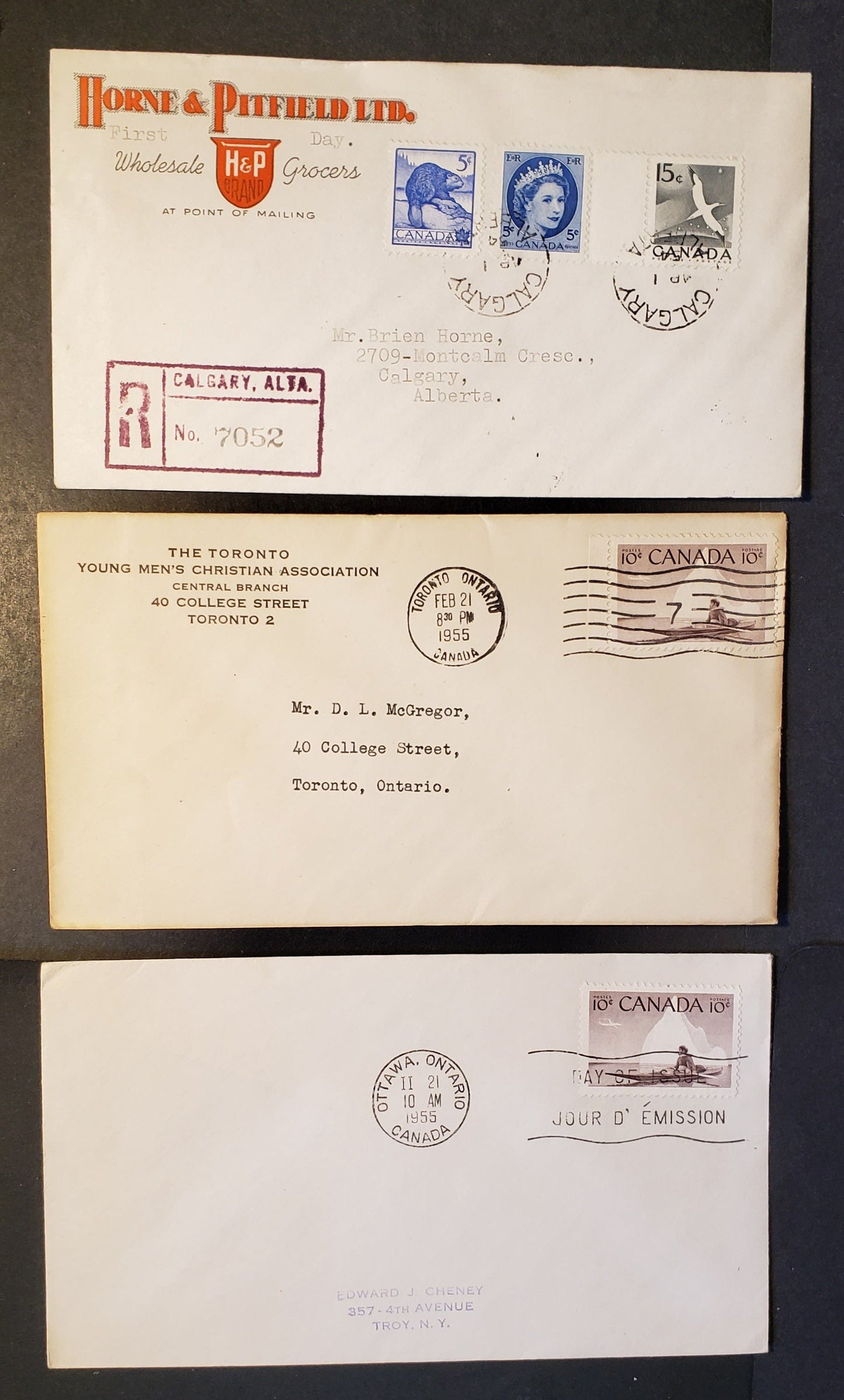 Canada #335-336, 341, 351 4c-10c Gray - Violet Brown Various Designs 1954-1962 Wilding & Eskimo Hunter Issue, 3 , First Day Covers Franked With Singles, Addressed & Registered, Cat. Value $19