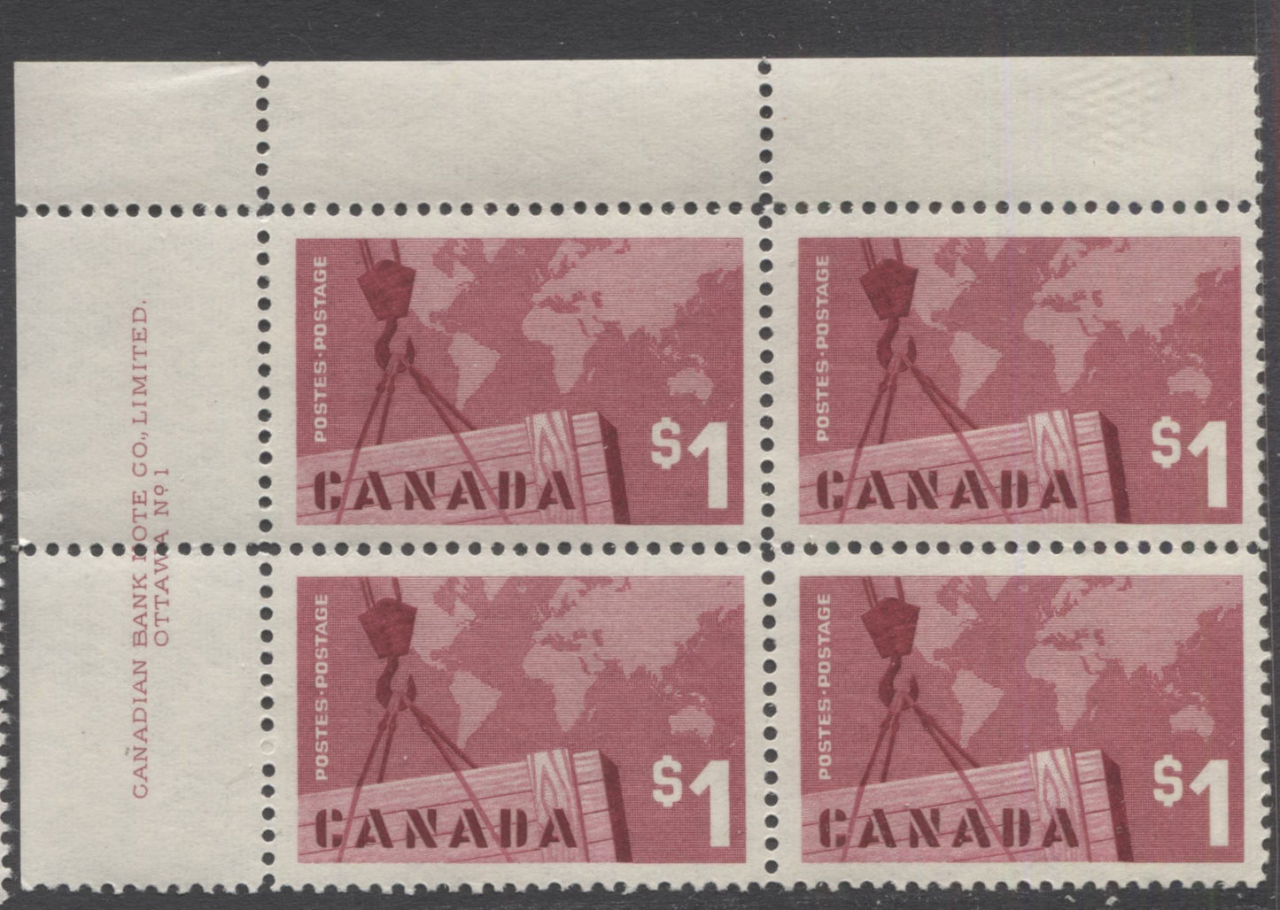 Lot 3 Canada #411 $1 Deep Carmine Rose Crane & Map, 1963 Canadian Exports Issue, A VFNH UL Plate 1 Block Of 4 On DF Vertically Ribbed Paper With Smooth Dex Gum