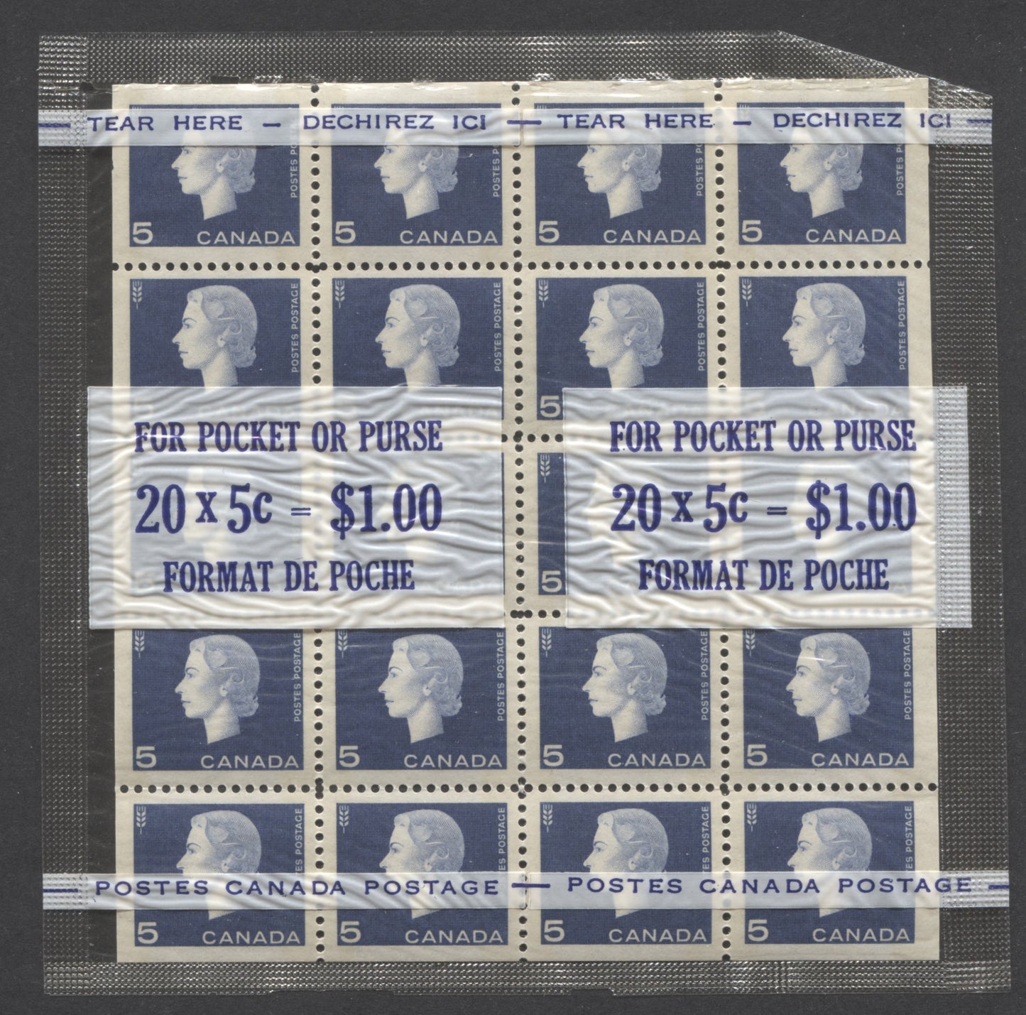 Lot 5 Canada #405qi 5c Deep Ultramarine Agriculture, 1962-1963 Cameo Issue, A VFNH Tagged Cello Paq Panes Of 20 On DF Paper With Streaky Dex Gum And Blue Instructions On White Background