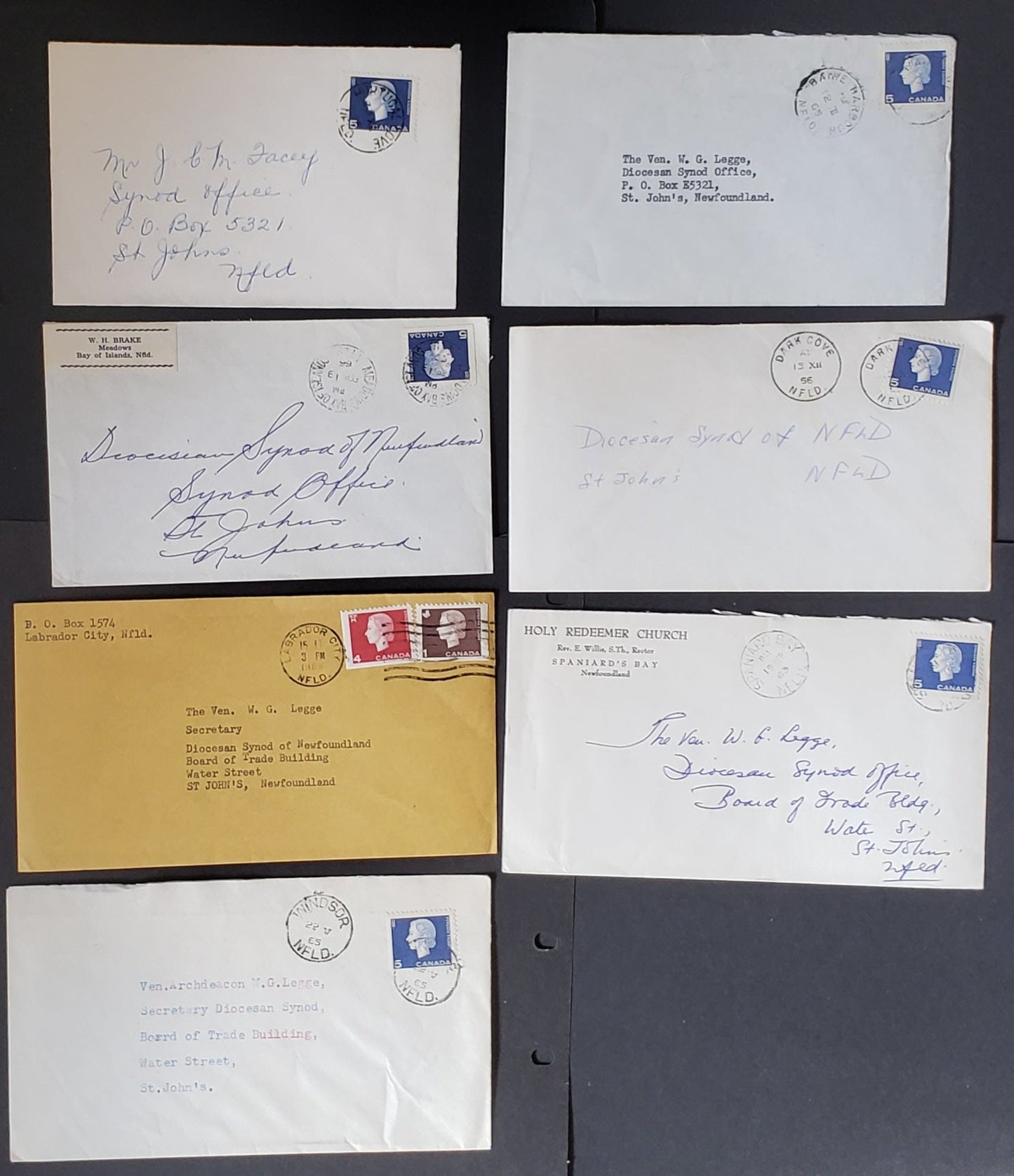 Canada #401as,404bs,405as,405bs 1c,5c Brown,Violet Blue 1962-1963 Queen Elizabeth II - Cameo Issue, 7 Commercial Covers Franked With Booklet & Minature Pane Singles, DF Paper, Single Usage On Newfoundland Covers, All Small Towns