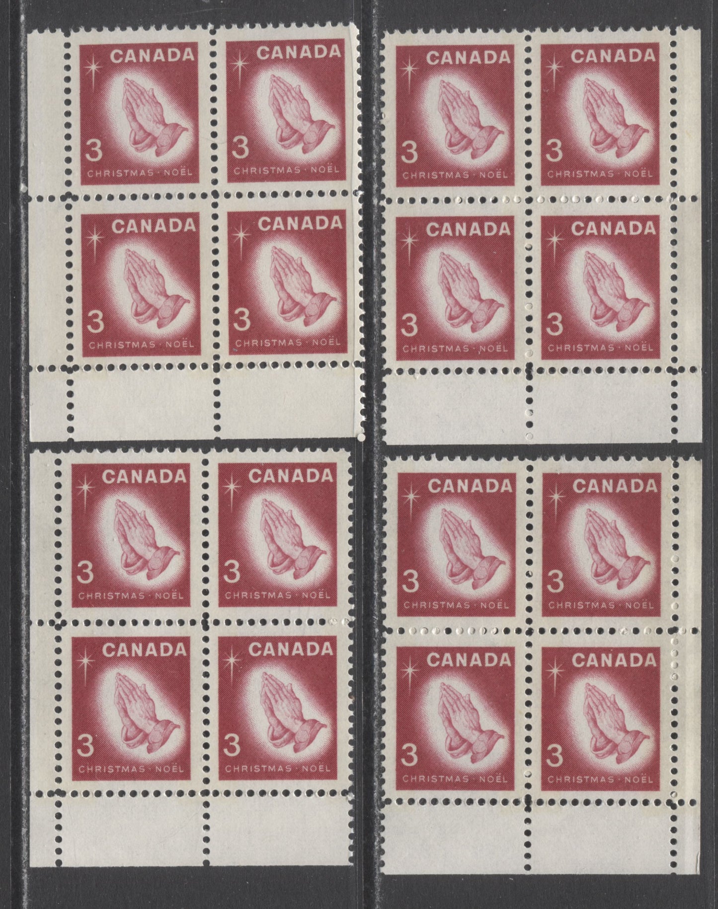 Canada #451p 3c Carmine Rose Praying Hands, 1966 Christmas, 4 VFNH LL & LR Blocks Of 4 On NF Paper, Bluish White W2B Tagging Bars With 3-4 Second Afterglow With Smooth & Streaky Dex Gums