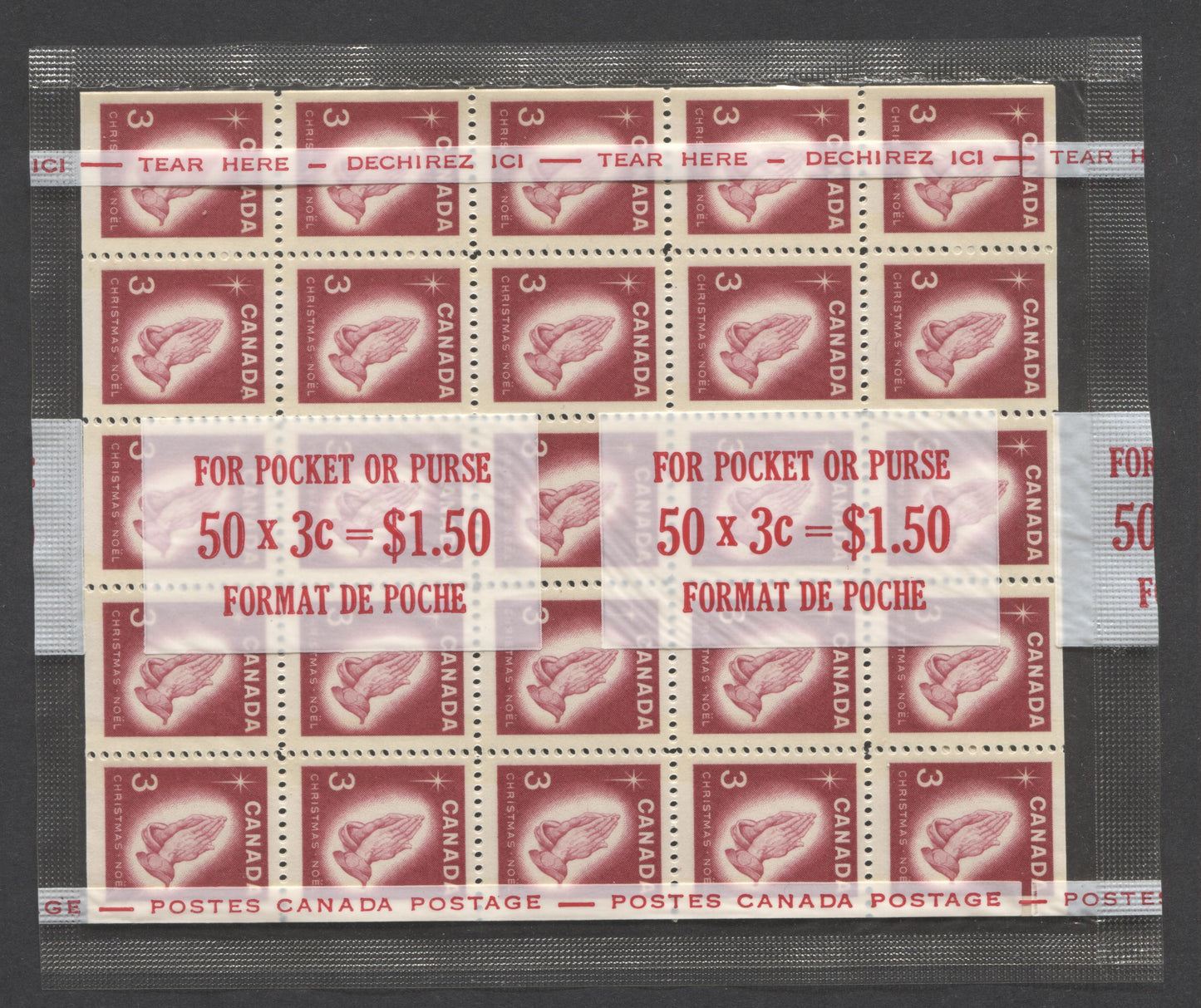 Lot 8 Canada #451q 3c Carmine Rose Praying Hands, 1966 Christmas, A VFNH Cello Paq Of 2 Panes Of 25 Each Winnipeg Tagged With Smooth Dex Gum