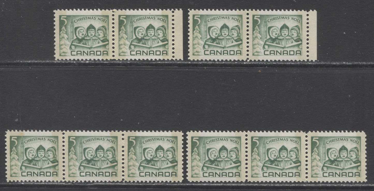 Lot 24 Canada #477p 5c Green Children Carolling, 1967 Christmas, 4 VFNH Margin Pairs & Stips Of 4 With Different Tag Bar Widths, Speckled Fluorescent Papers, Bluish White Tagging, Smooth Dex Gum