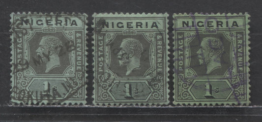 Nigeria SC#29 (SG# 26) 1/- 1921 - 1933 King George V Imperium Key Plate Issue, Script CA Watermark With Oshogbo, Abeokuta And Lagos Parcel Cancels, 3 Very Fine Used Singles, Click on Listing to See ALL Pictures, 2022 Scott Classic Cat. $6.75 USD