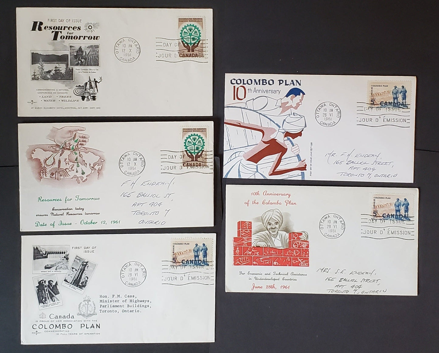 Lot 39 Canada #394-395 5c Light Red Brown & Blue - Brown & Blue Green Power Plant - Hands & Cogwheel 1961 Commemoratives, 5 Rosecraft, Unknown A & Caneco Cachets FDC's Franked With Singles, All But 1 Are Addressed, Cat. Value $15