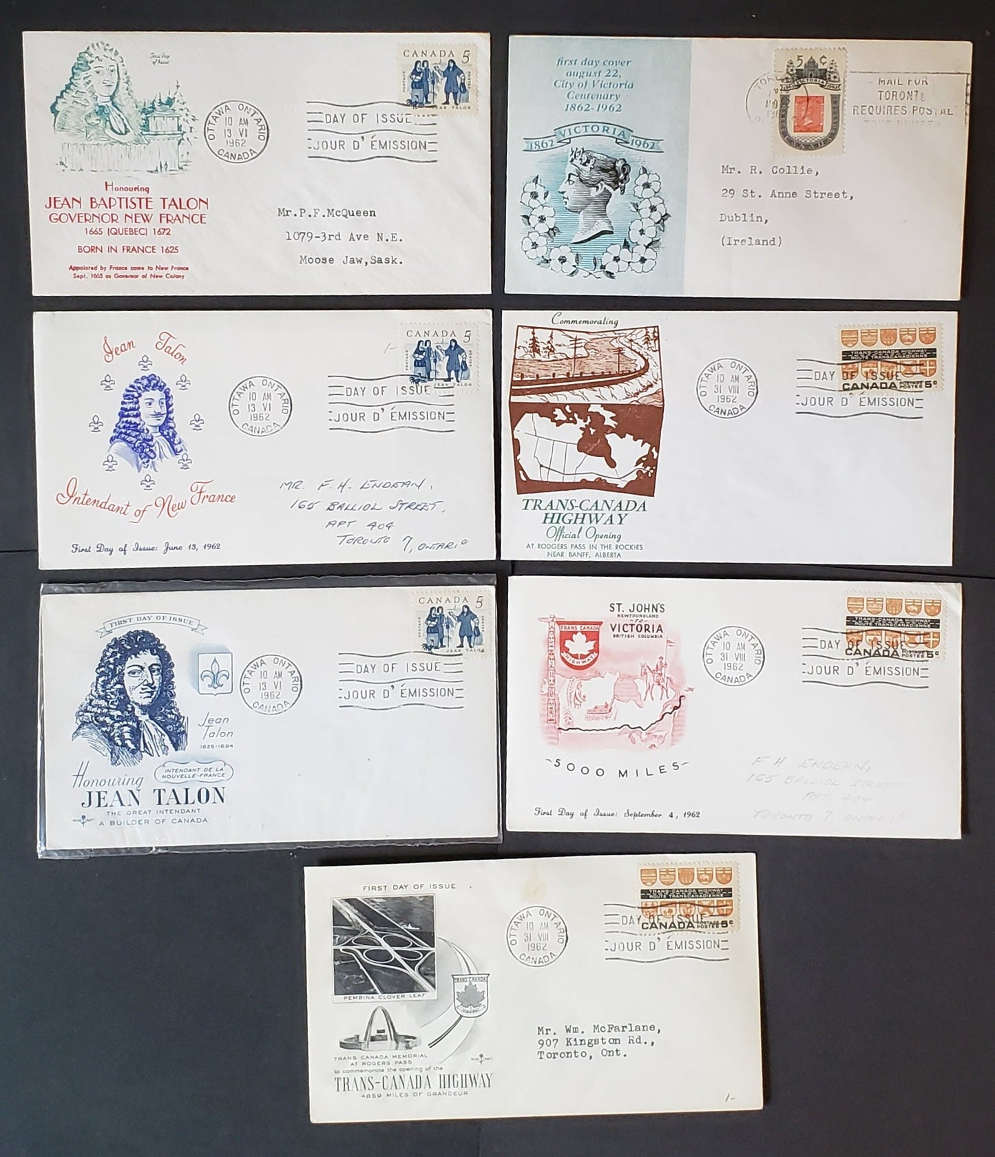 Canada #398-400 5c Dark Blue-Brown Orange Talon and Colonists-Provincial Coat Of Arms 1962 Commemoratives, 7 Personal, Rosecraft, Unknown A &B And Caneco Cachets FDC's Franked With Singles, Most Are Addressed, Cat. Value $22