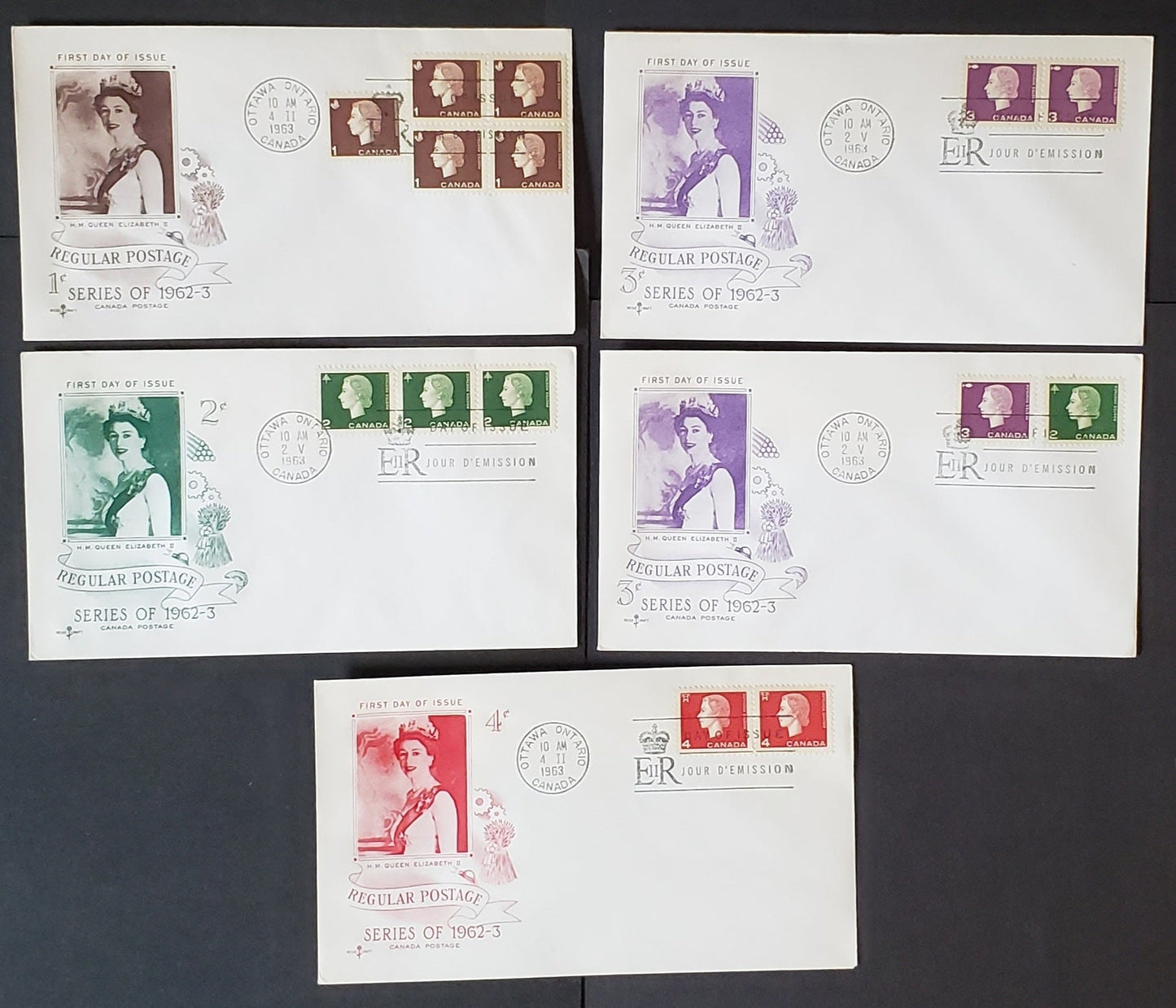 Lot 40 Canada #401-404 1c-4c Brown-Carmine Queen Elizabeth II 1962-1963 Cameo Issue, 5 Rosecraft A-D Cachets FDC's Franked With Singles, Pairs, Strips Of 3 & Block Of 4, Unaddressed, Cat. Value $15