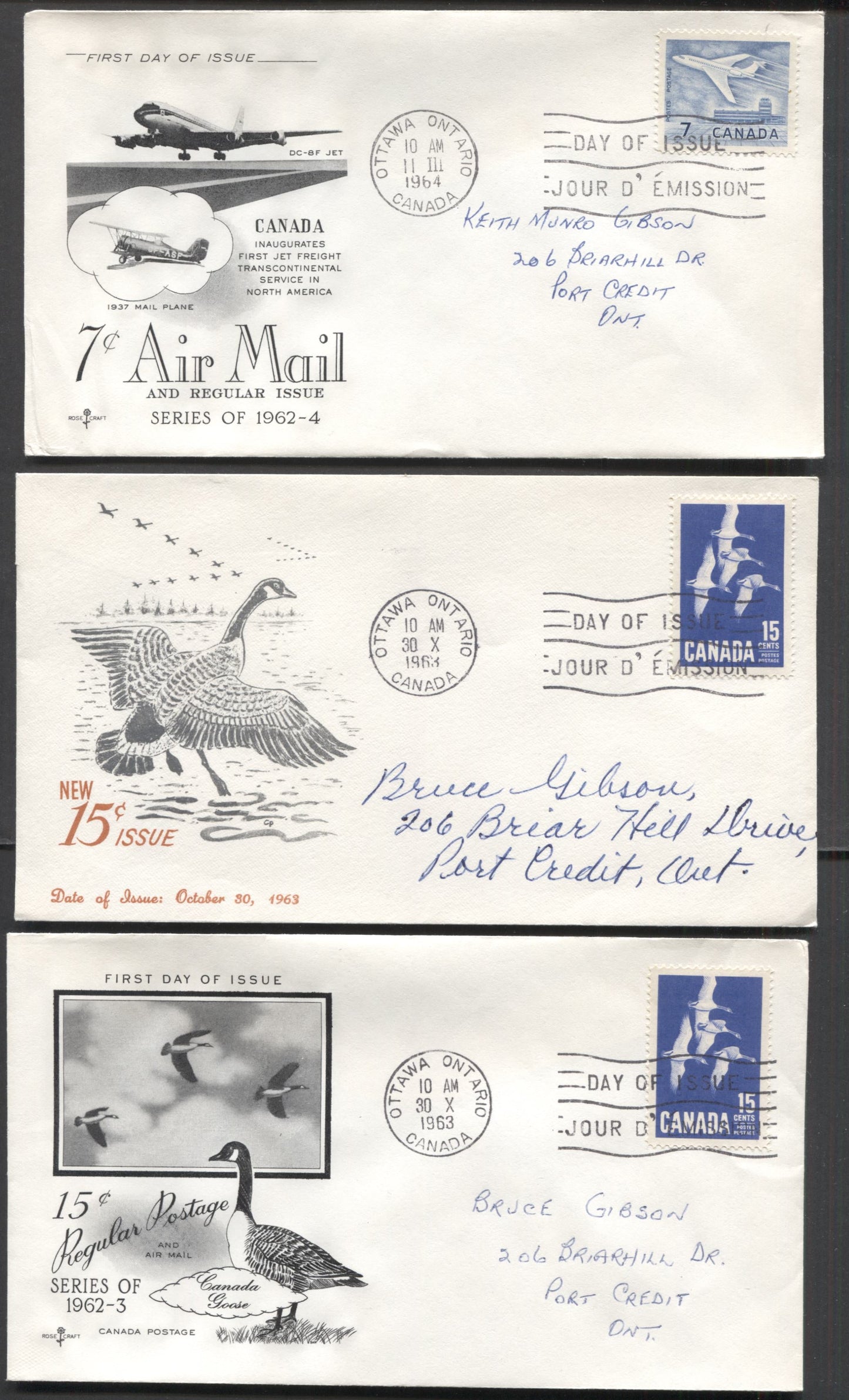 Canada #414-415 7c-15c Blue-Ultramarine Jet Plane-Canada Goose 1963-1964 Definitives, 3 Rosecraft & Personal Cachets FDC's Franked With Singles, All Addressed, Cat. Value $9