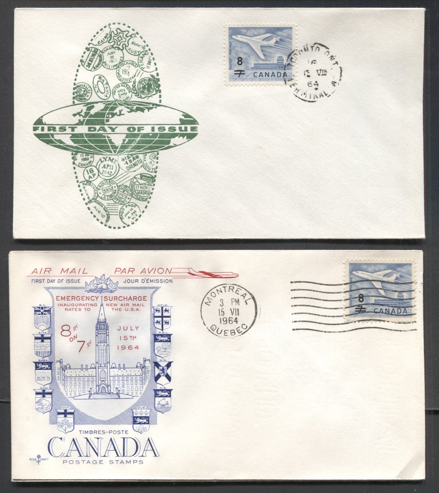 Lot 40 Canada #430 8c on 7c Blue Jet Plane 1964 Jet Surcharge Issue, 3 ARC B (Green) & Rosecraft Cachets FDC's Franked With Singles, Unaddressed, Cat. Value $12