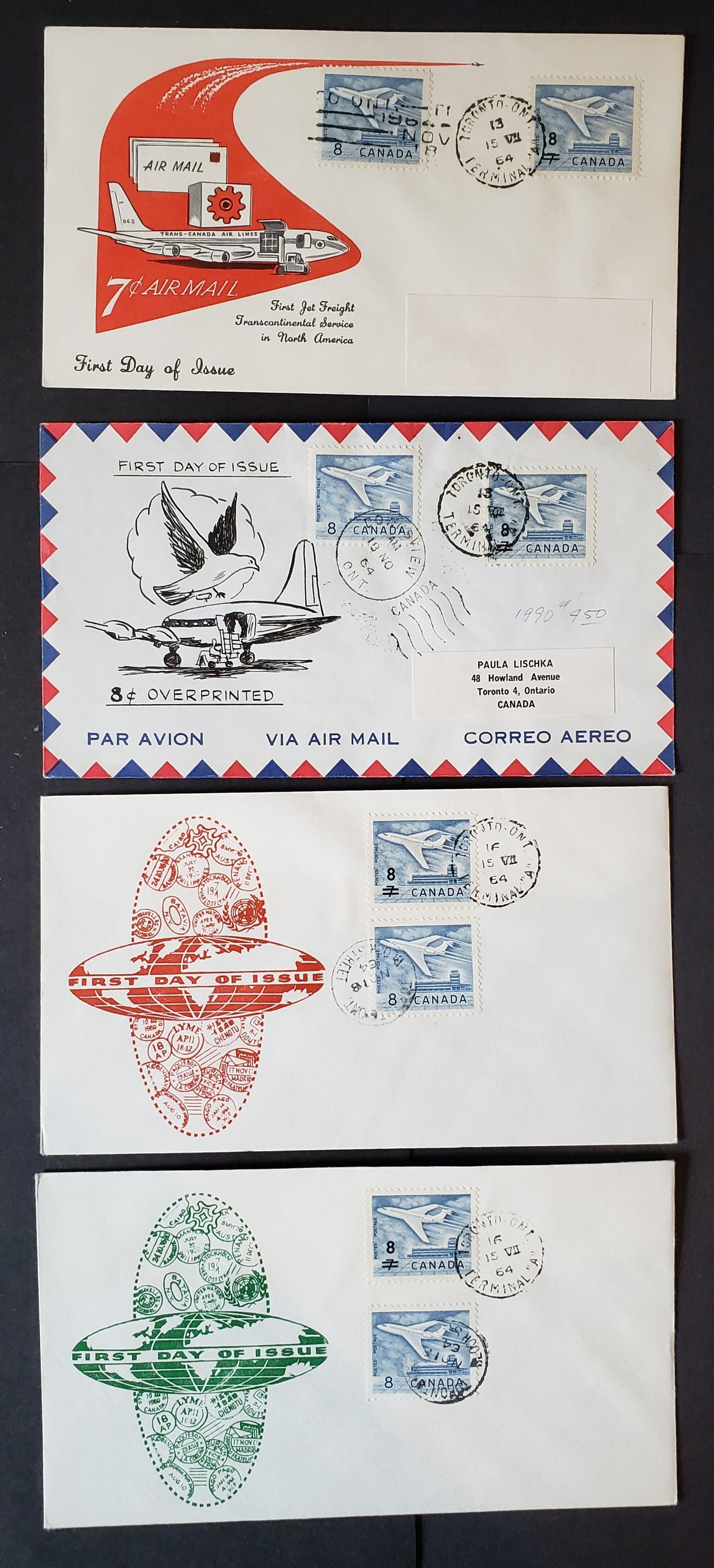 Lot 40 Canada #430, 436 8c on 7c & 8c Blue Jet Plane 1964 Definitive & Surcharge Issues, 4 Personal, ARC general Purpose B + Unlisted Cachets FDC's Franked With Singles, All But One Unaddressed, Cat. Value $24