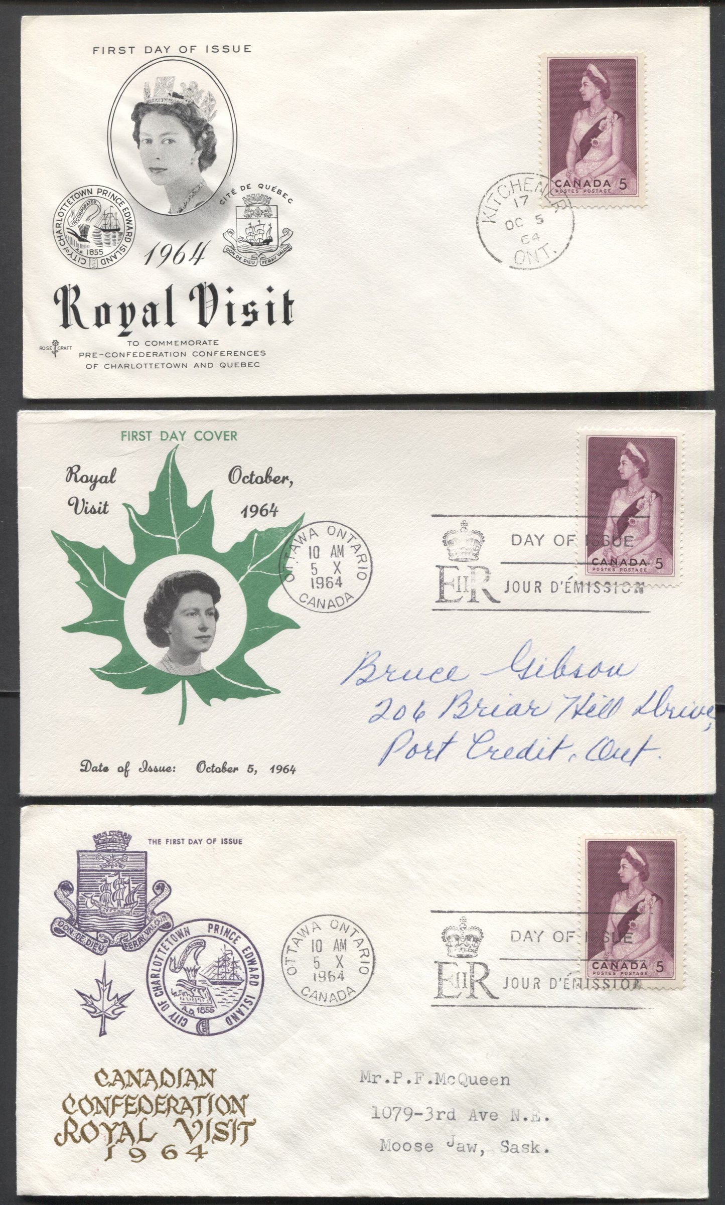 Canada #433 5c Claret Queen Elizabeth II 1964 Royal Visit, 3 Rosecraft, Personal & Ginn Cachets FDC's Franked With Singles, Addressed & Unaddressed, Cat. Value $11
