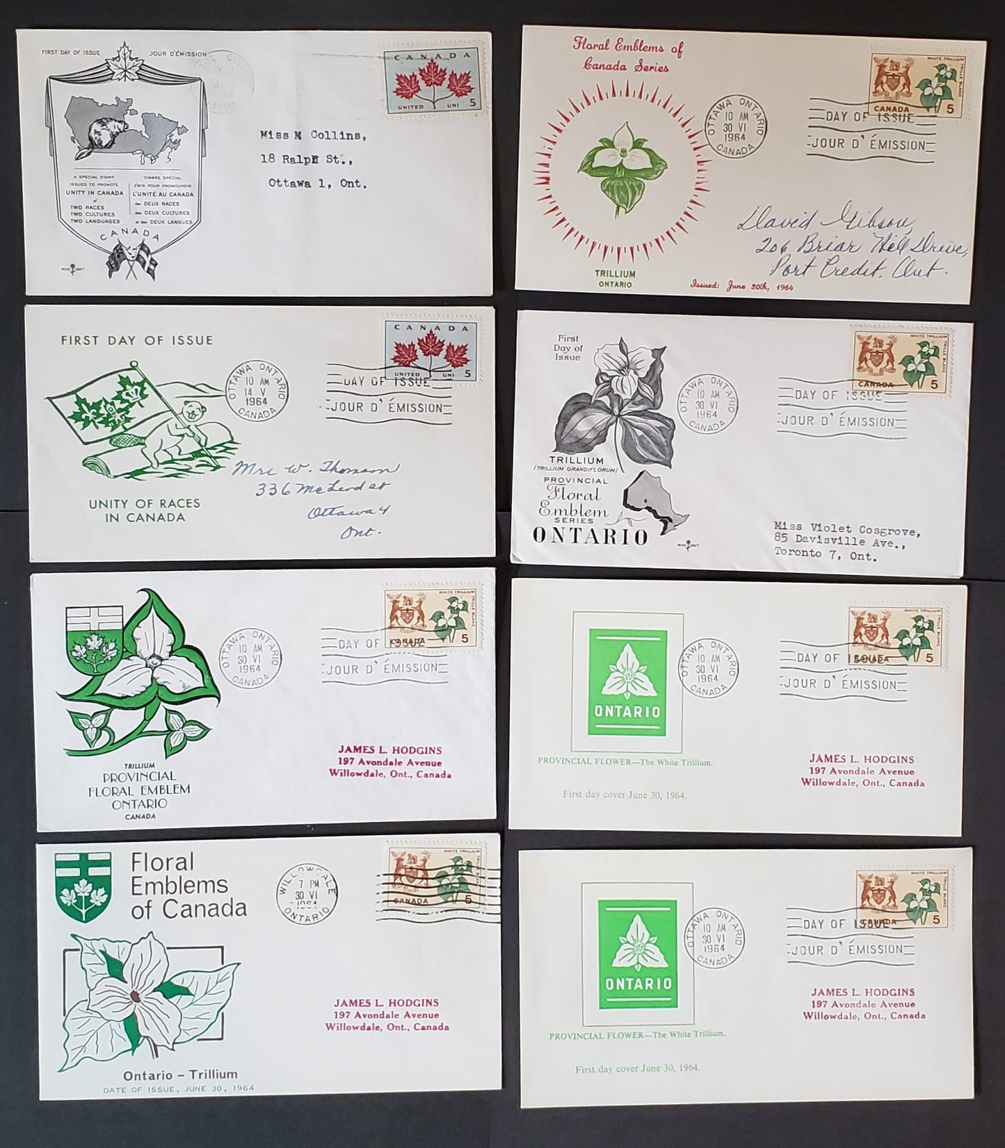 Canada #417-418 5c Light Blue & Dark Carmine - Red Brown, Buff & Green Maple Leaf Unity - Ontario 1964 Floral Emblems, 8 Rosecraft, Personal, Unknown A, Ginn & ARC Cachets FDC's Franked With Singles, Addressed, Cat. Value $22