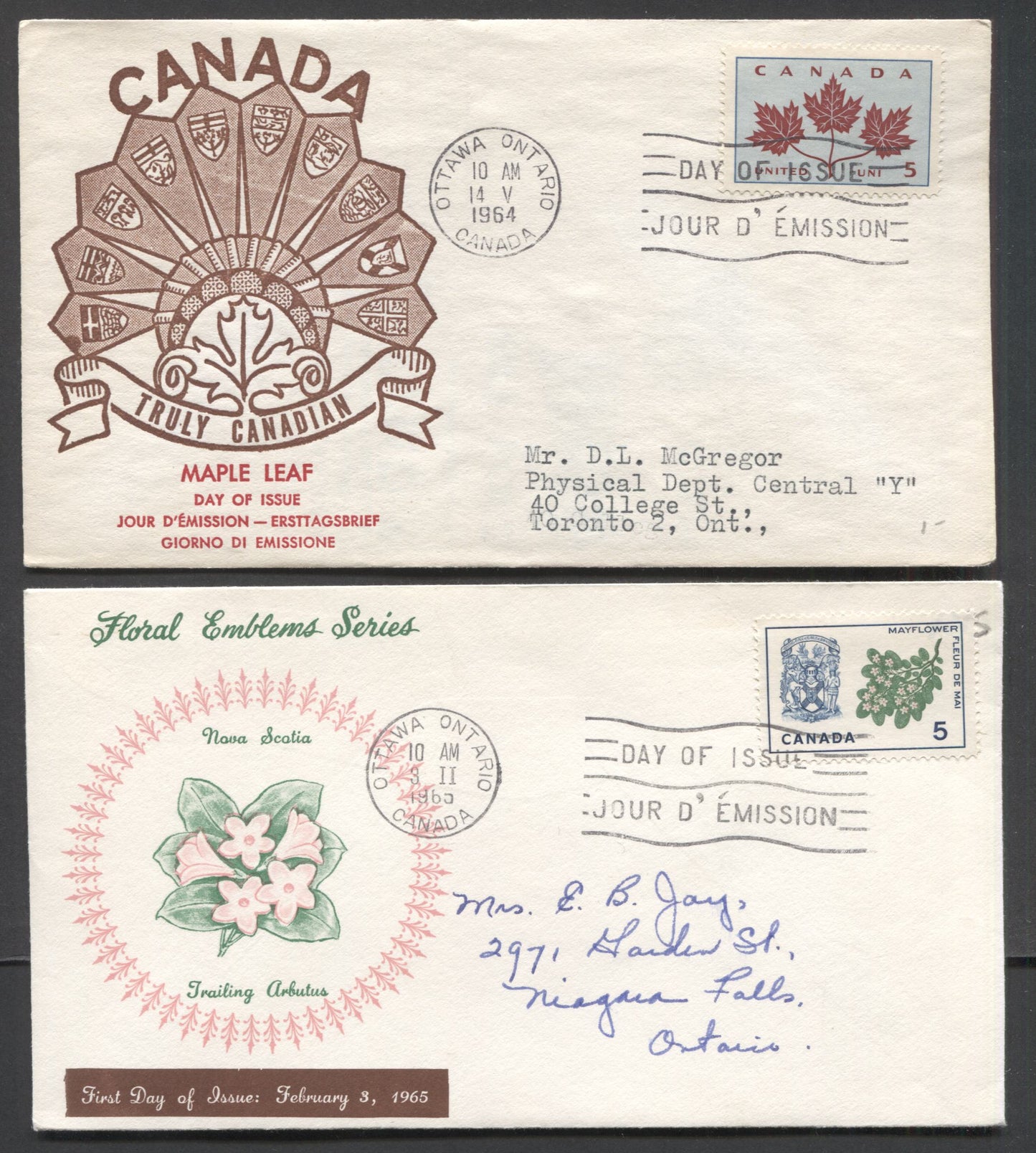 Canada #417i, 420i 5c Multicolored Maple Leaf & Nova Scotia 1964 Floral Emblems, 2 Personal B & Ginn Cachets FDC's Franked With Singles, Fluorescent Paper, Both Addressed, Cat. Value $9