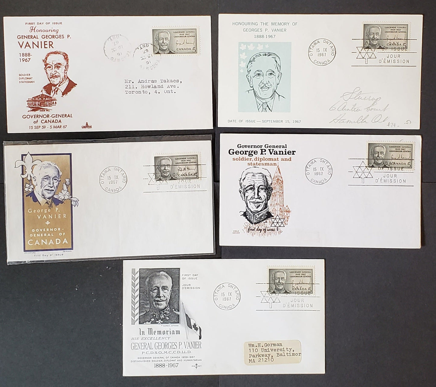 Canada #474 5c Black Governor-General Vanier 1967 Commemorative, 5 Capital, Cole, Jackson, Unknown A & Rosecraft Cachets FDC's Franked With Singles, Addressed, Cat. Value $17