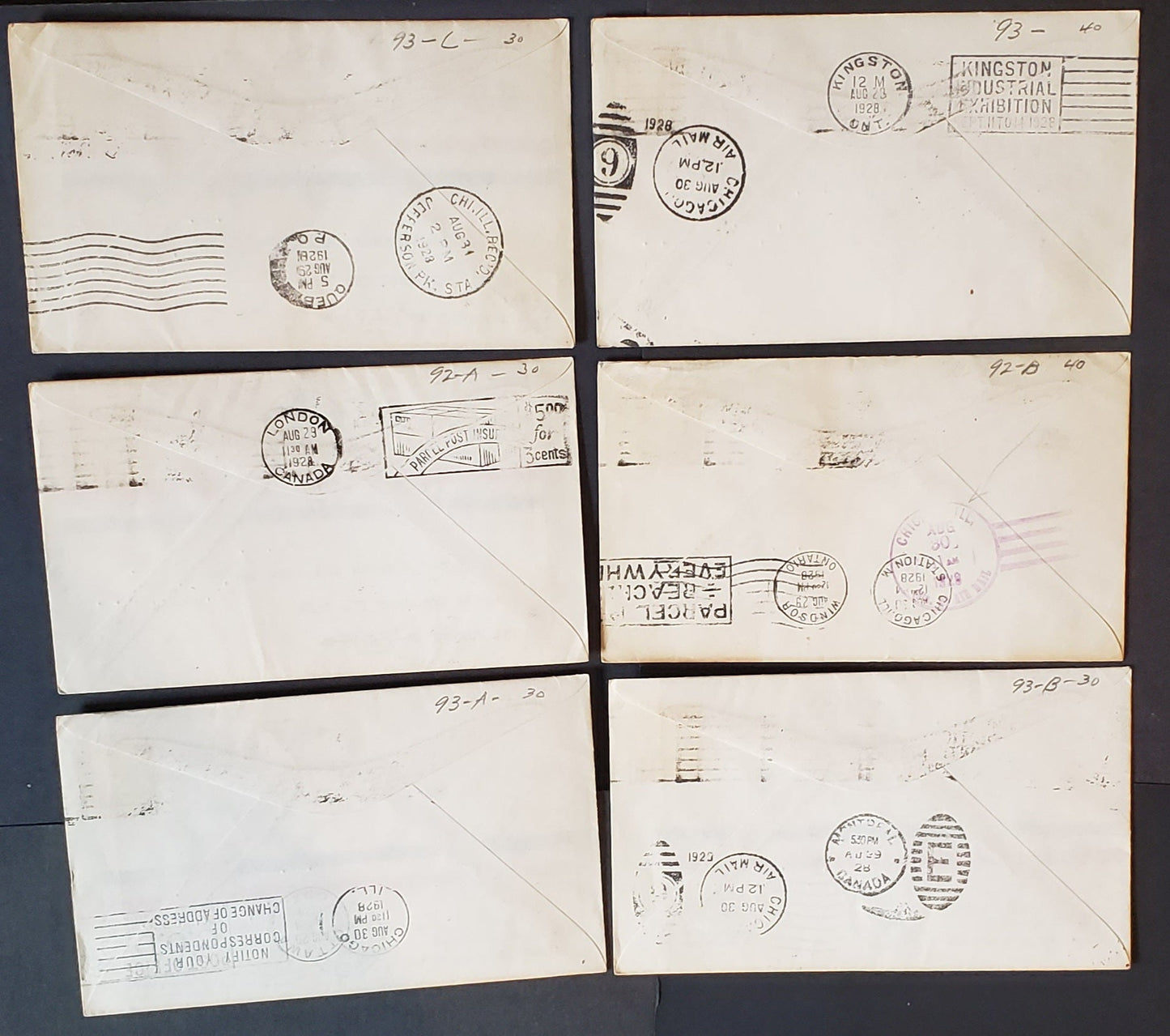 Lot 41 Canada AAMC#2839a-f 1928 Toronto Canadian National Exhibition Jubilee Flights – Complete Set of 7 Covers Between All Main Points, All Franked With #144 and All But One Forwarded on to Chicago