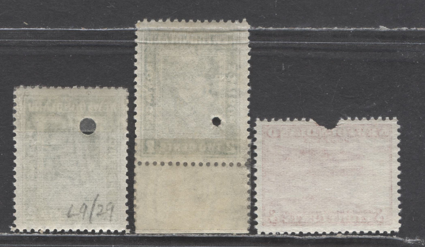 Lot 26 Newfoundland #254, 259 2c,8c Deep Green, Red King George VI, Corner Brook Paper Mill, 1941 - 1944 Definitive Re-Issues - Waterlow Printings, 3 F-VF Singles Archival Proofs With Large & Small Security Punch Holes. Archival Tape On The 2c Stamps