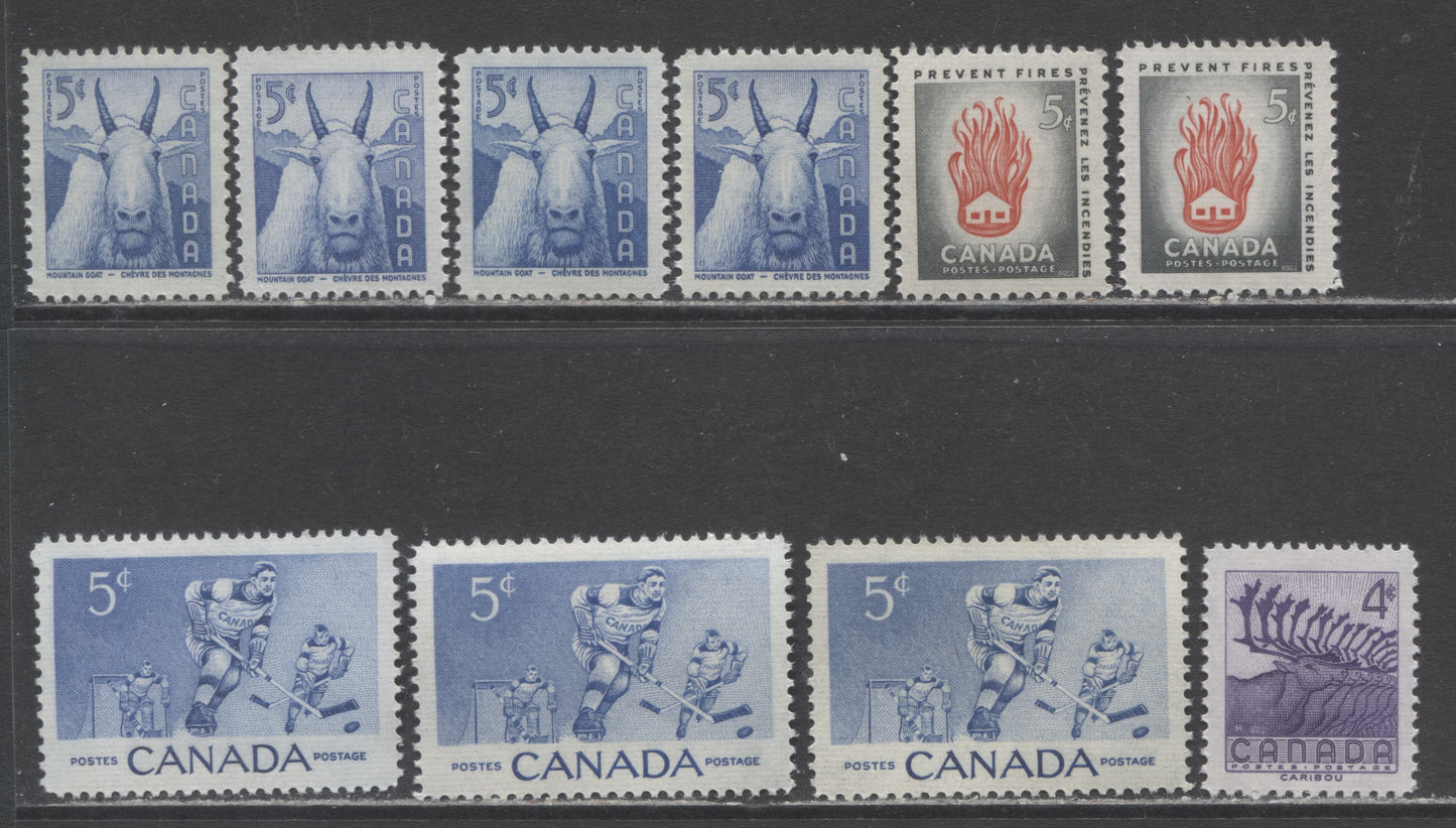 Canada #359-361, 364 4c & 5c Ultramarine/Gray & Red Hockey Players / House On Fire, 1956 Commemoratives, 10 VFNH Singles With Various Shades On Horizontal Ribbed Papers