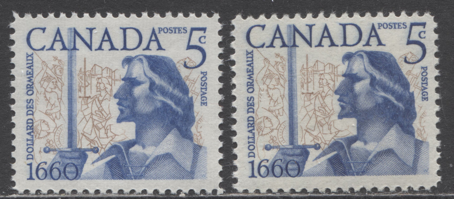 Canada #390var 5c Ultramarine & Bistre Brown Dollard des Ormeaux, 1960 Battle Of Long Sault, 2 VFNH Singles Showing Significant Downward Vignette shift on Both Smooth & Ribbed Paper