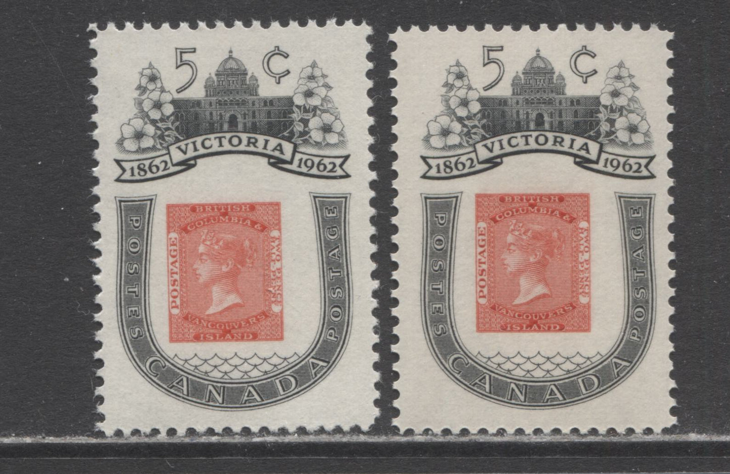 Lot 29 Canada #399var 5c Black & Rose 1860 BC Stamp, 1962 Victoria Centenary, 2 VFNH Singles With Significant Left & Downward Shift & Leftward Vignette Shifts