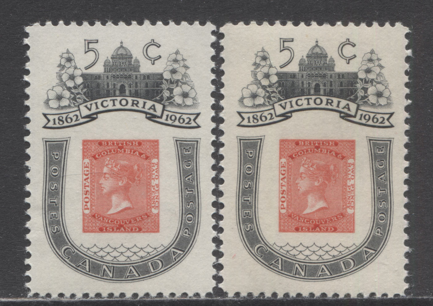 Canada #399i 5c Black & Rose 1860 BC Stamp, 1962 Victoria Centenary, 2 VFNH Singles On LF-fl & Fluorescent Papers, Only 'F' Is Listed In Unitrade