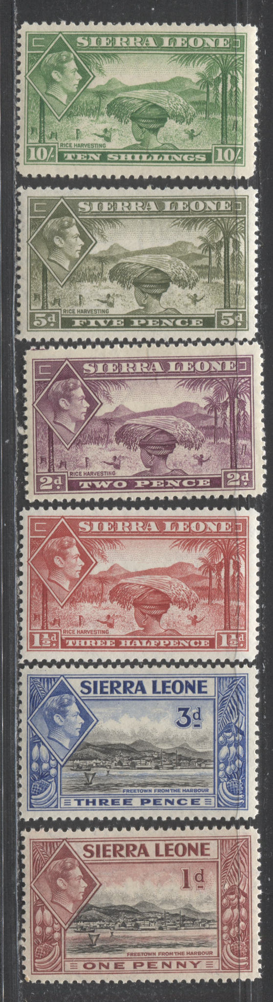 Sierra Leone SC#174/184 1938-1944 KGVI Pictorial Issue, 6 F/VFOG Singles, Click on Listing to See ALL Pictures, Estimated Value $30 USD