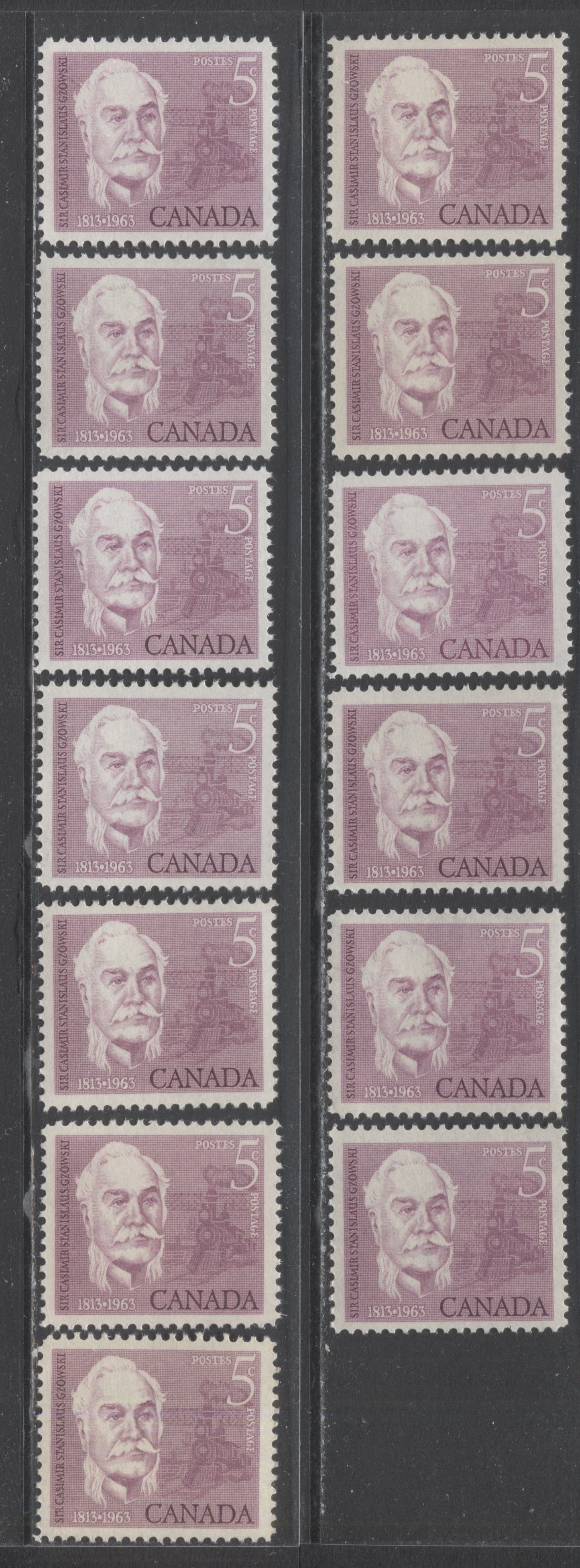 Canada #410 5c Rose Lilac, Bright Rose Lilac & Deep Rose Lilac Sir Casimir Gzowski, 1963 Gzowski Issue, 13 VFNH Singles With Many Perf Varieties